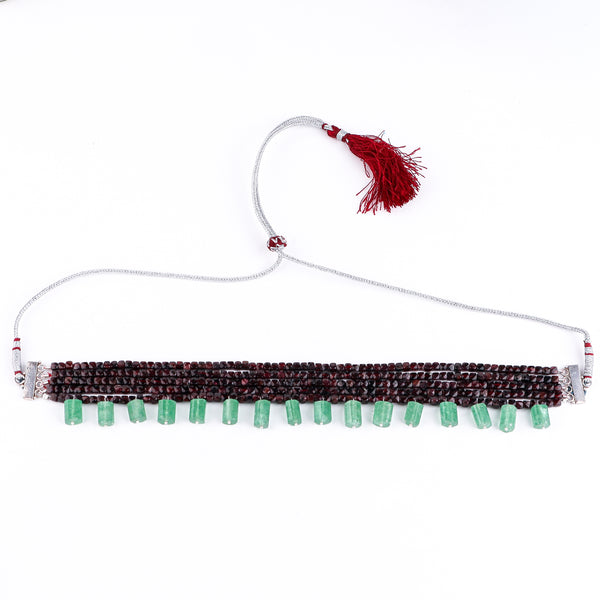 Garnet and green stone choker necklace with silver chain