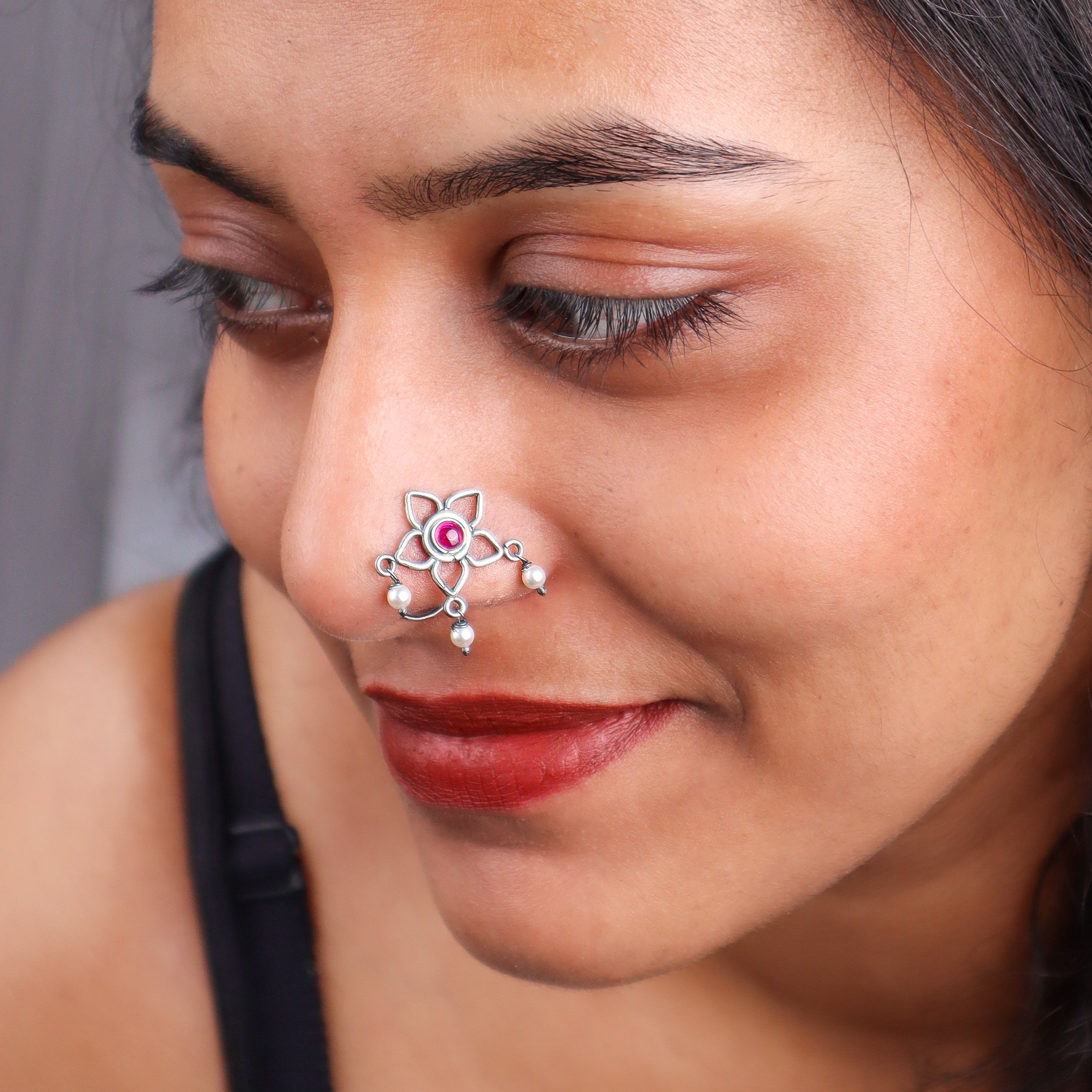 Oxidised Pink Flower Pierced Nose Pin (Large)