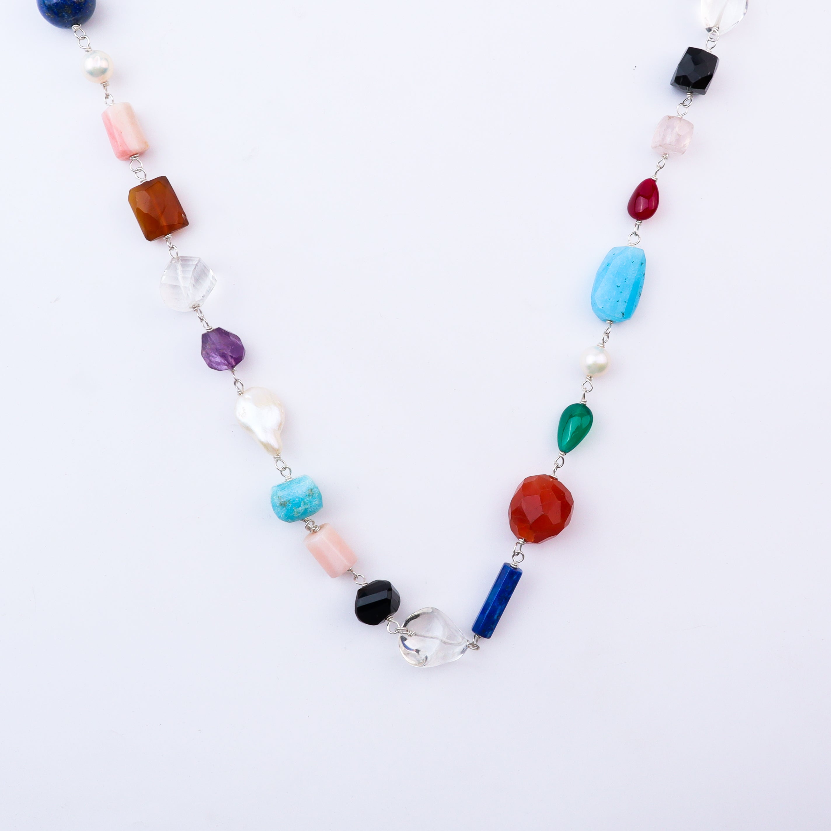 Silver Multicolour Stone Ganthan Necklace