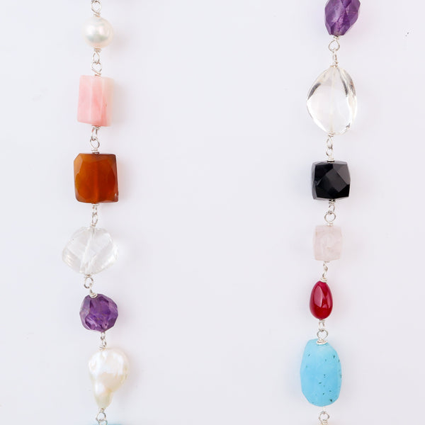 Beaded necklace with multicolour stones and silver chain