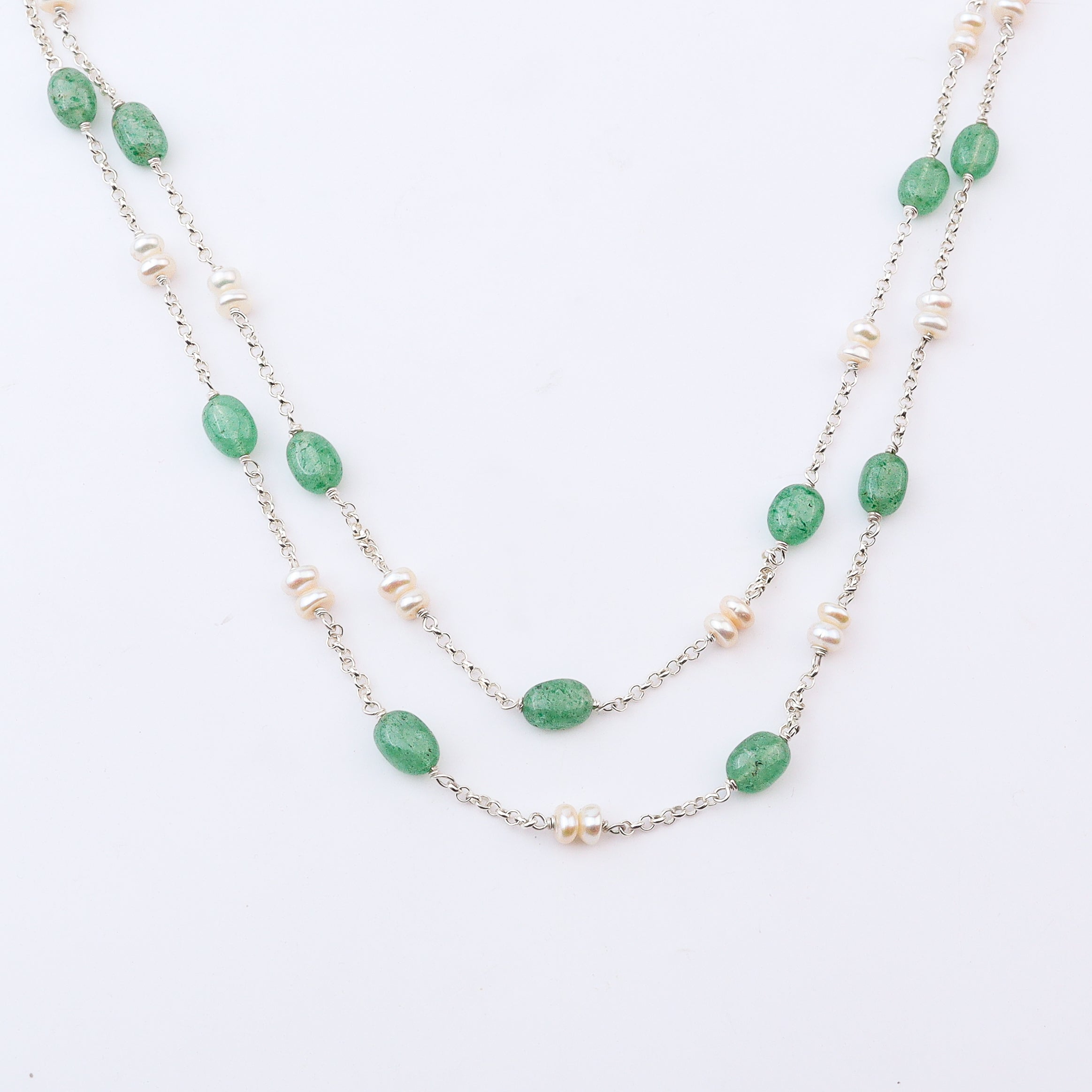 Silver layered necklace with green Russian quartz and white freshwater pearls