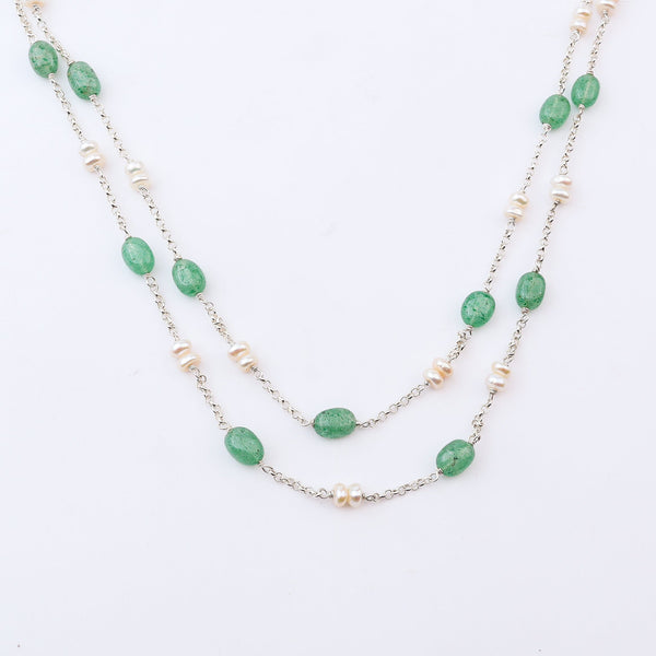 Silver layered necklace with green Russian quartz and white freshwater pearls