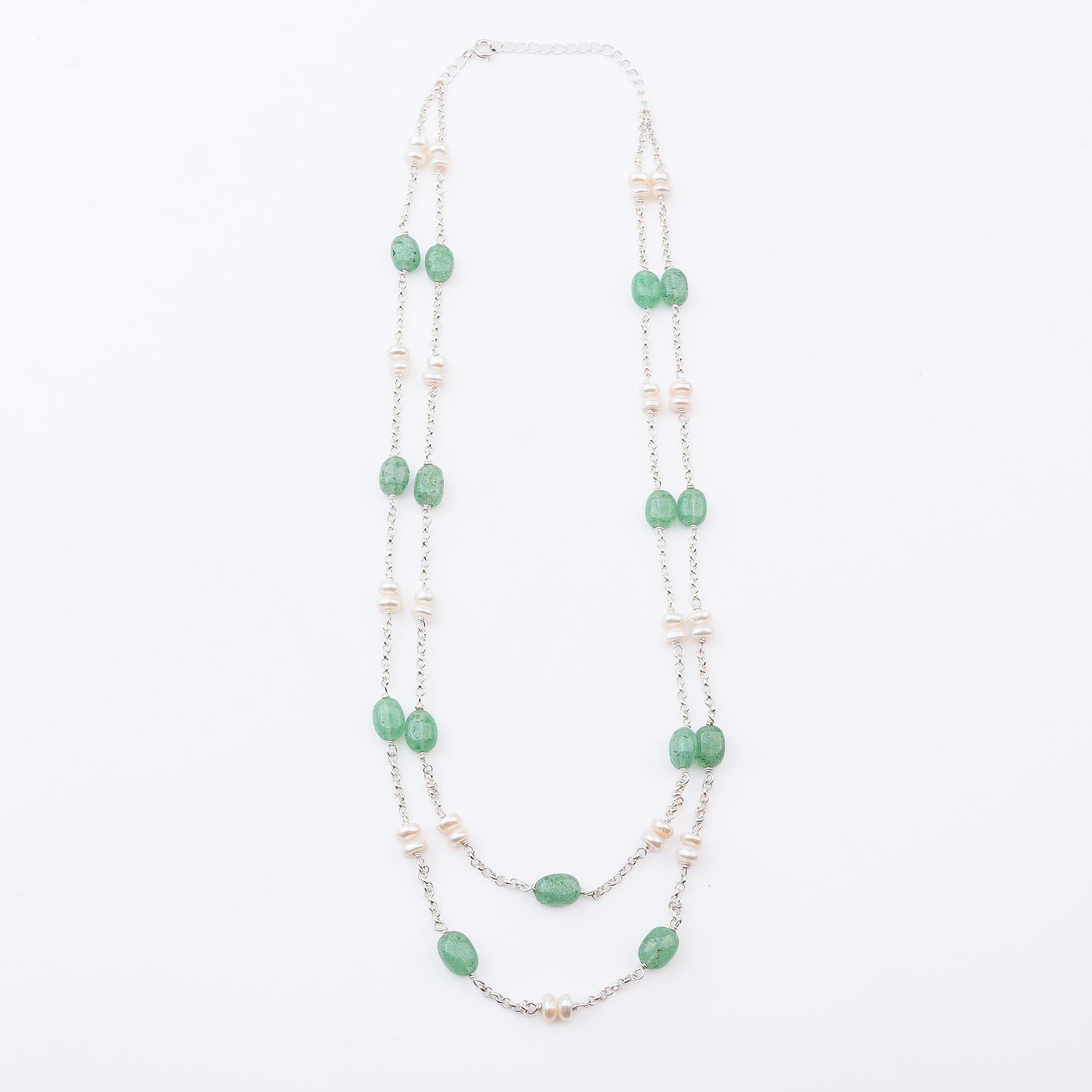 Long silver chain necklace with green Russian quartz and white freshwater pearls