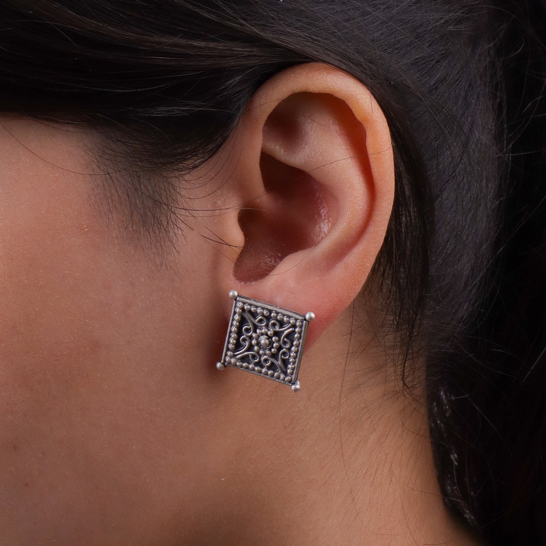 Diamond Shape Filigree Oxidized Silver Earrings