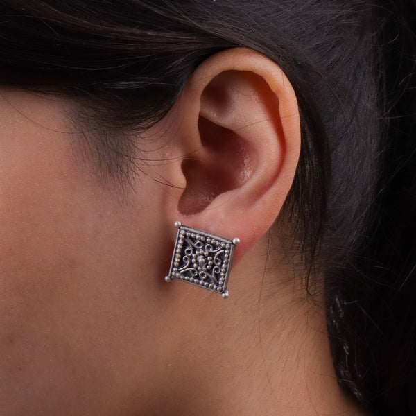 Diamond Shape Filigree Oxidized Silver Earrings