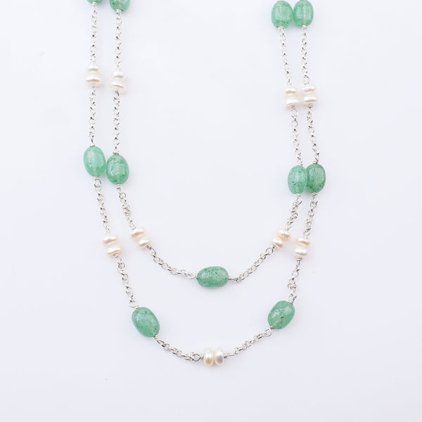 Close-up of silver chain necklace with green Russian Quartz and white freshwater pearls