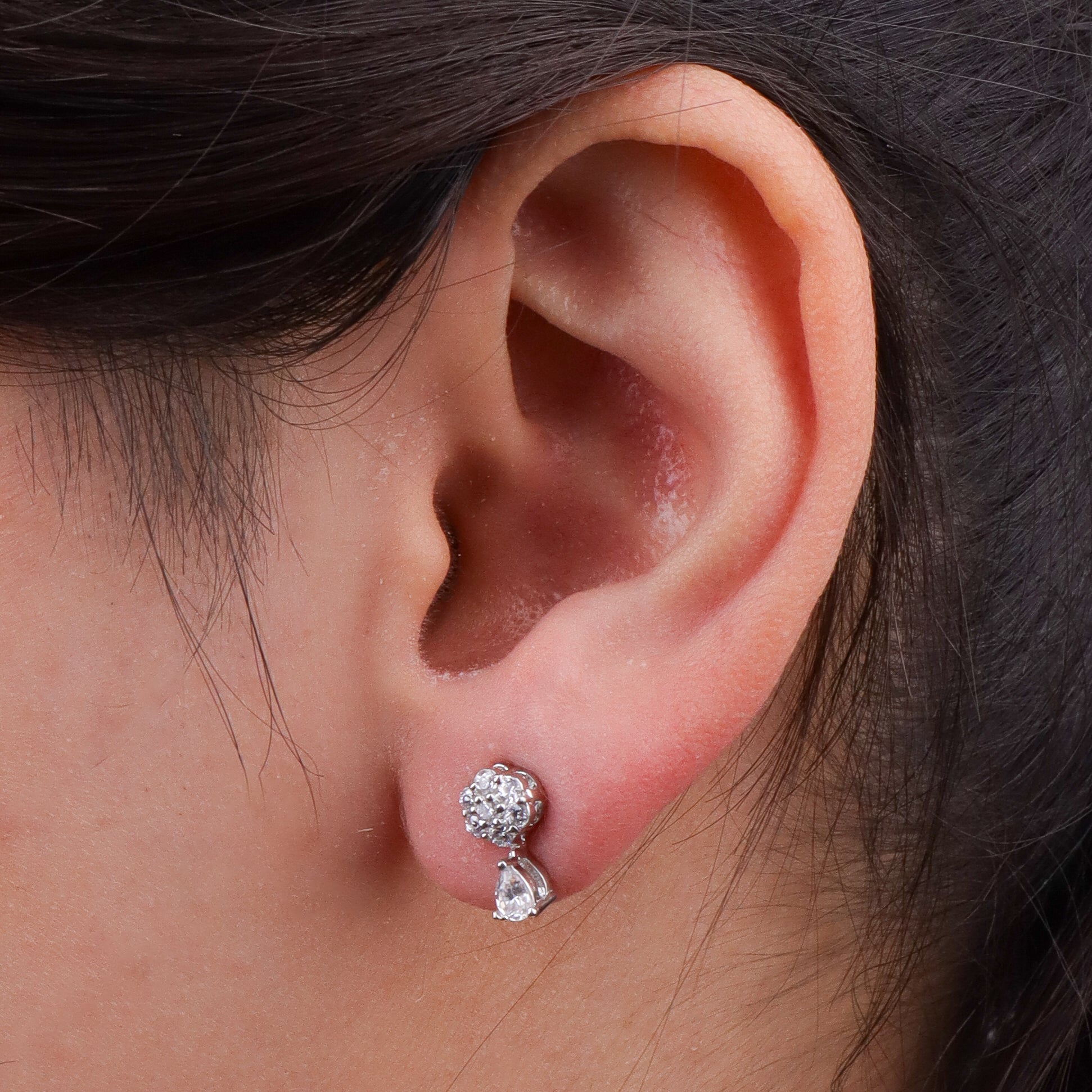 Silver CZ Flower Drop Stud Earrings
