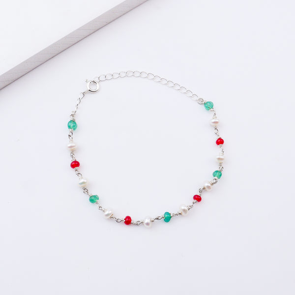 Silver Ganthan Bracelet with Rubies, Green Onyx & Freshwater Pearls
