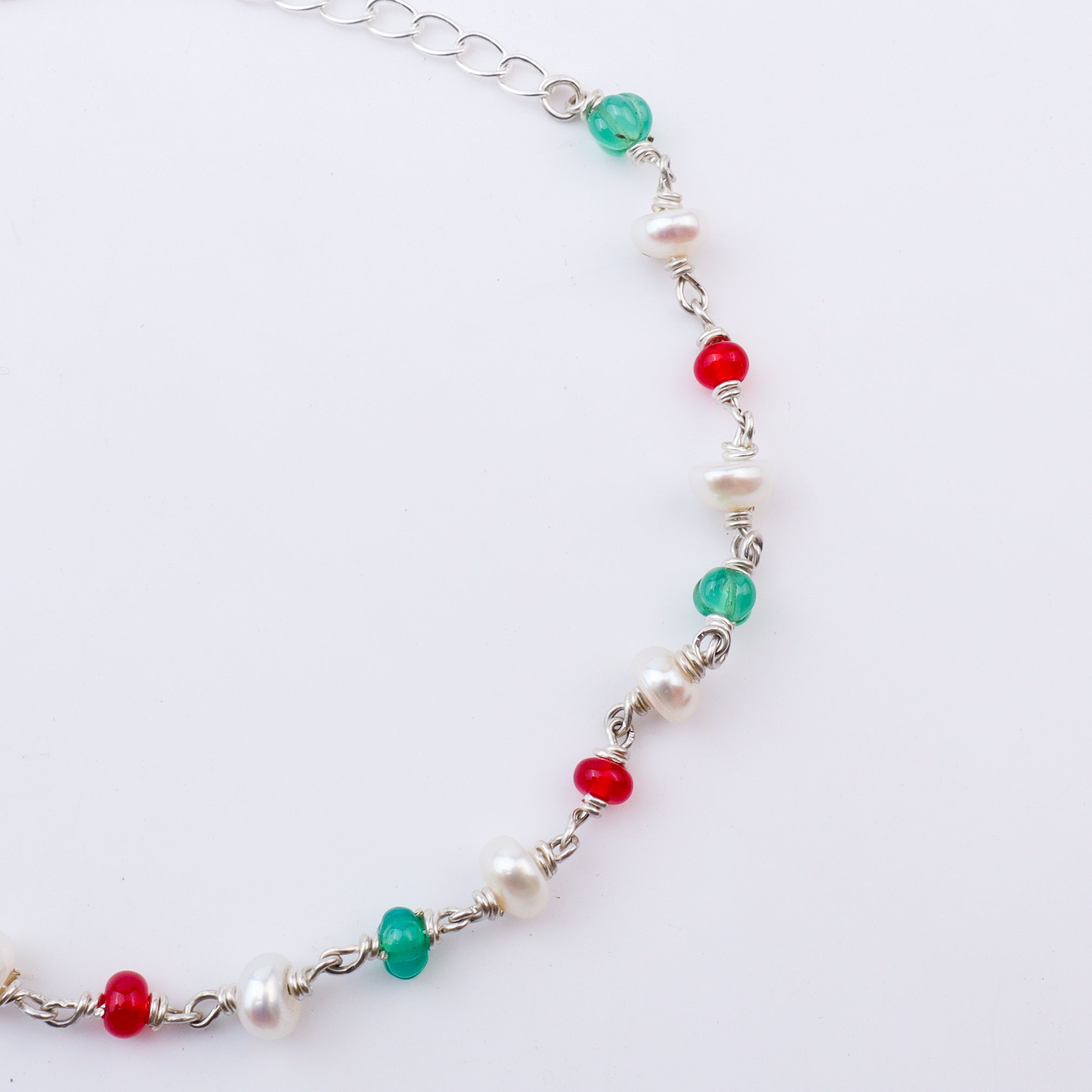 Silver Ganthan Bracelet with rubies, green onyx, and freshwater pearls