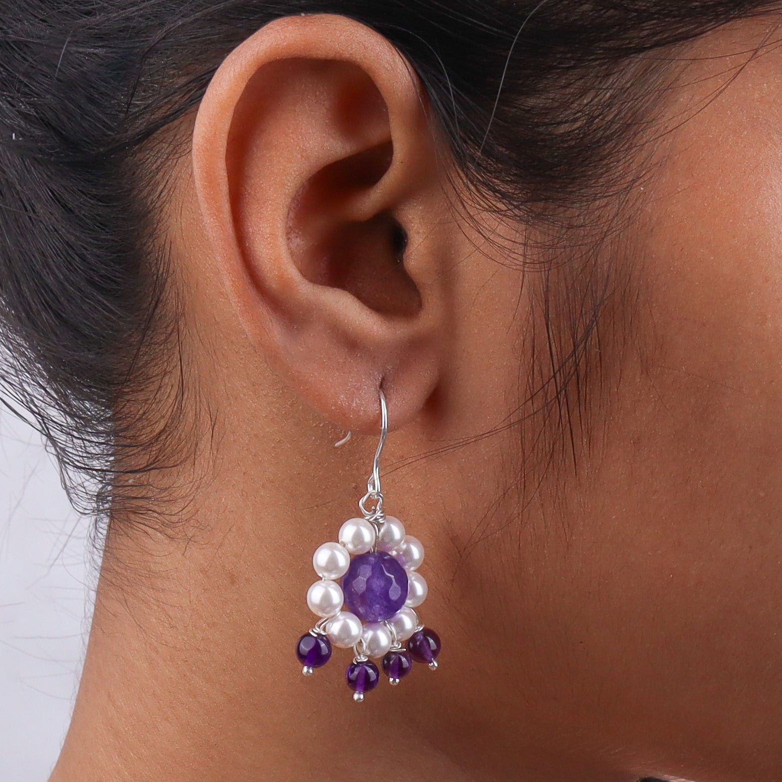 Purple Agate, Amethyst & Pearl Silver Earrings (Project Handmade)