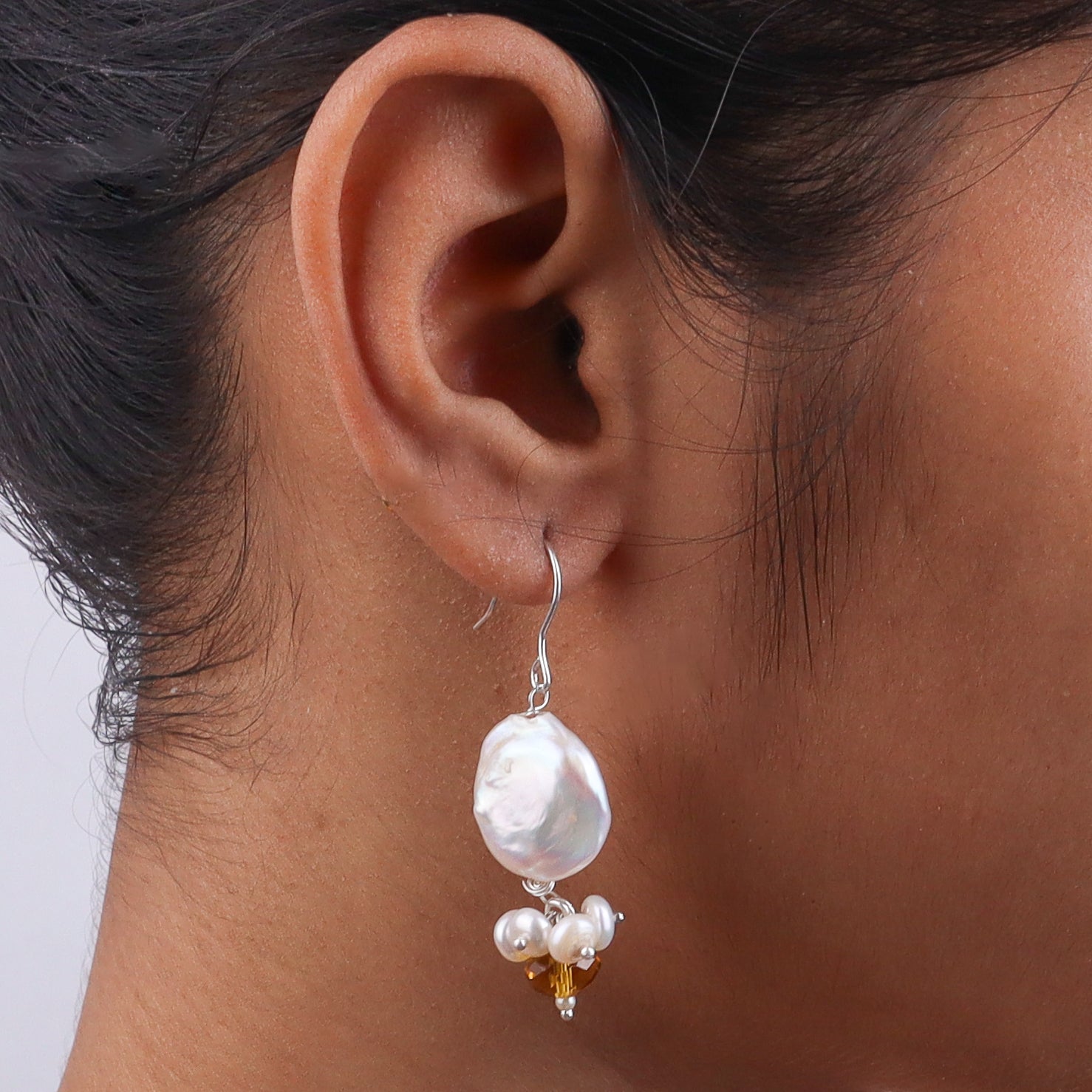 Coin Pearl & Yellow Agate Silver Earrings (Project Handmade)