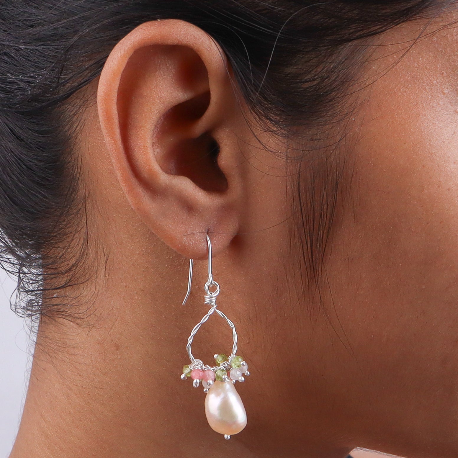 Freshwater Pearl, Rose Quartz & Peridot Silver Earrings (Project Handmade)