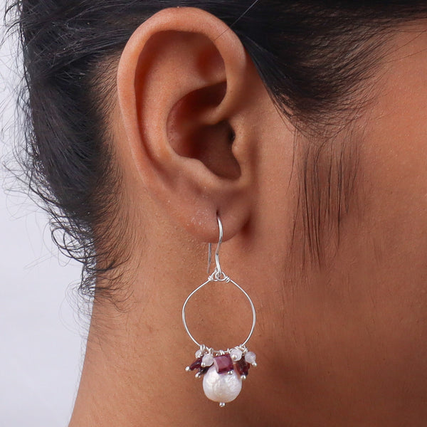 Baroque Pearl, Garnet & Moonstone Silver Earrings (Project Handmade)