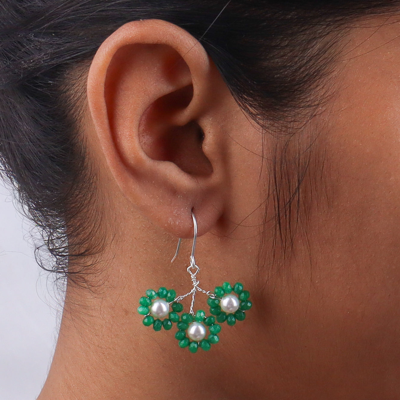 Green Jade & Pearl Silver Earrings (Project Handmade)