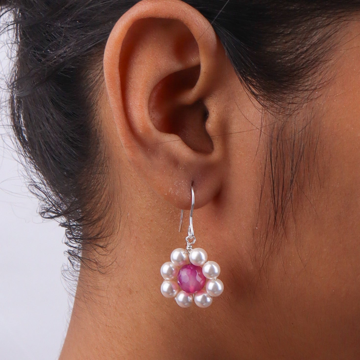 Pink Agate & Pearl Silver Earrings (Project Handmade)