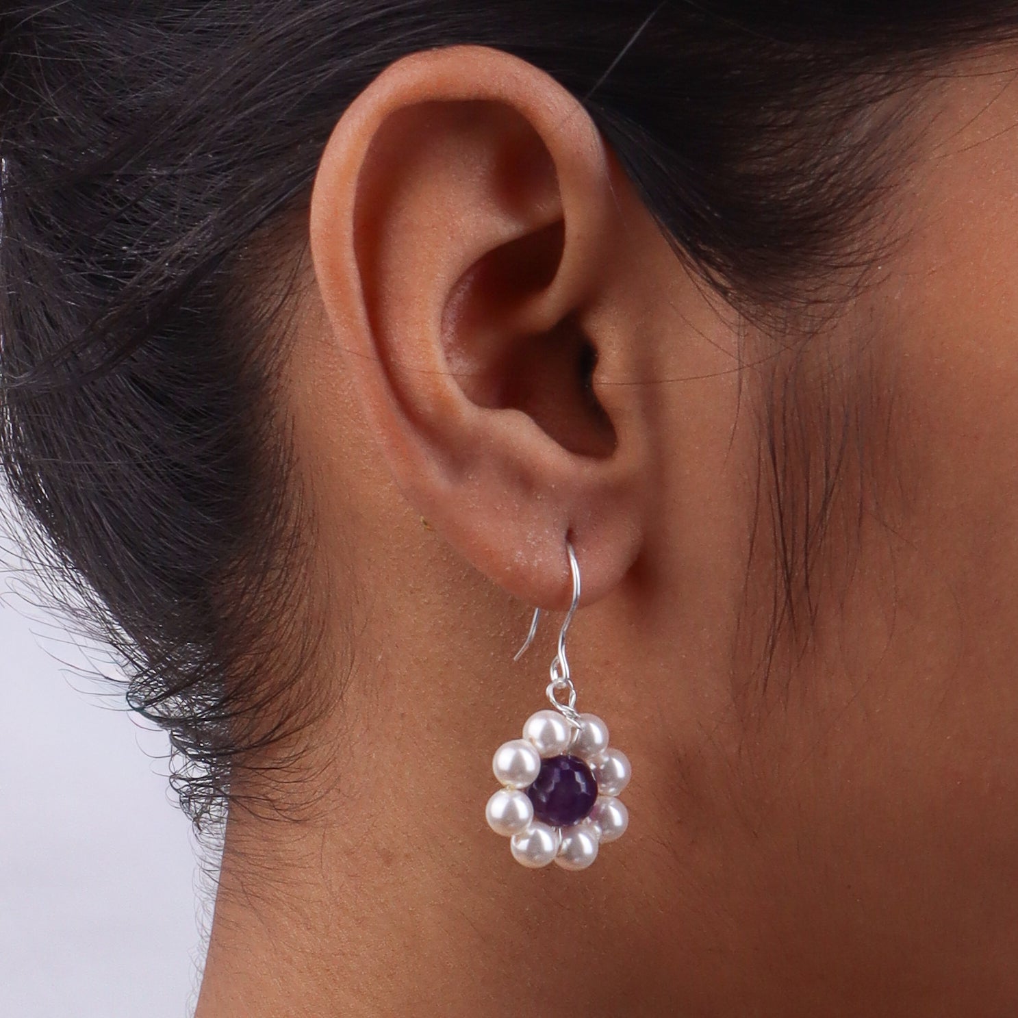 Purple Agate & Pearl Silver Earrings (Project Handmade)