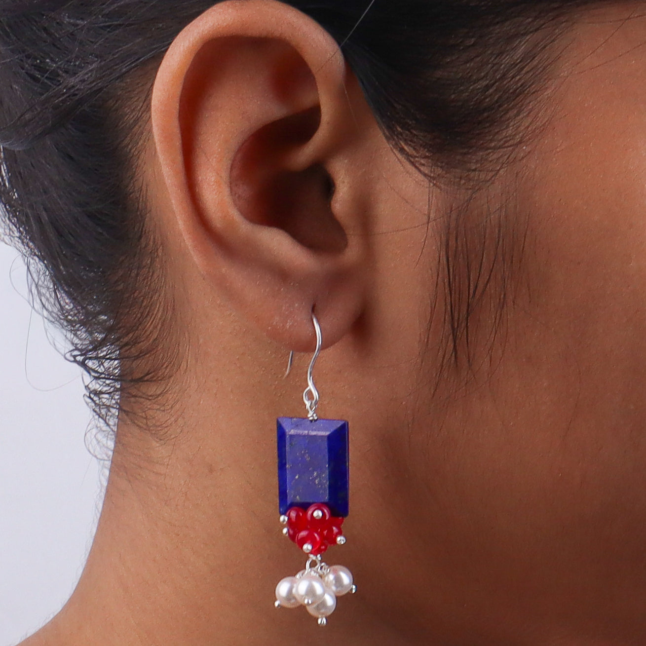Lapis Chiclets, Ruby & Pearl Silver Earrings (Project Handmade)