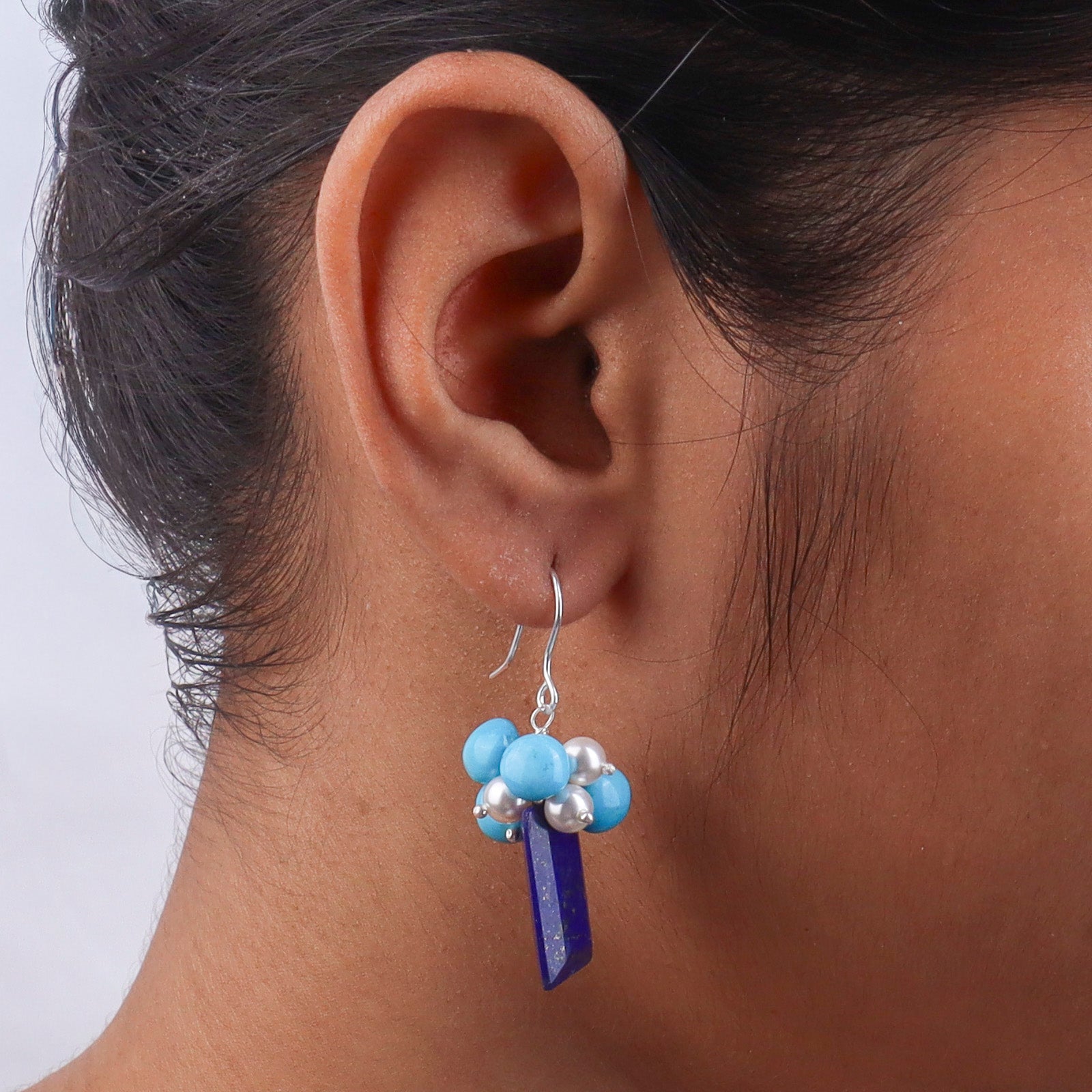 Lapis Chiclets, Arizona Turquoise & Pearl Silver Earrings (Project Handmade)