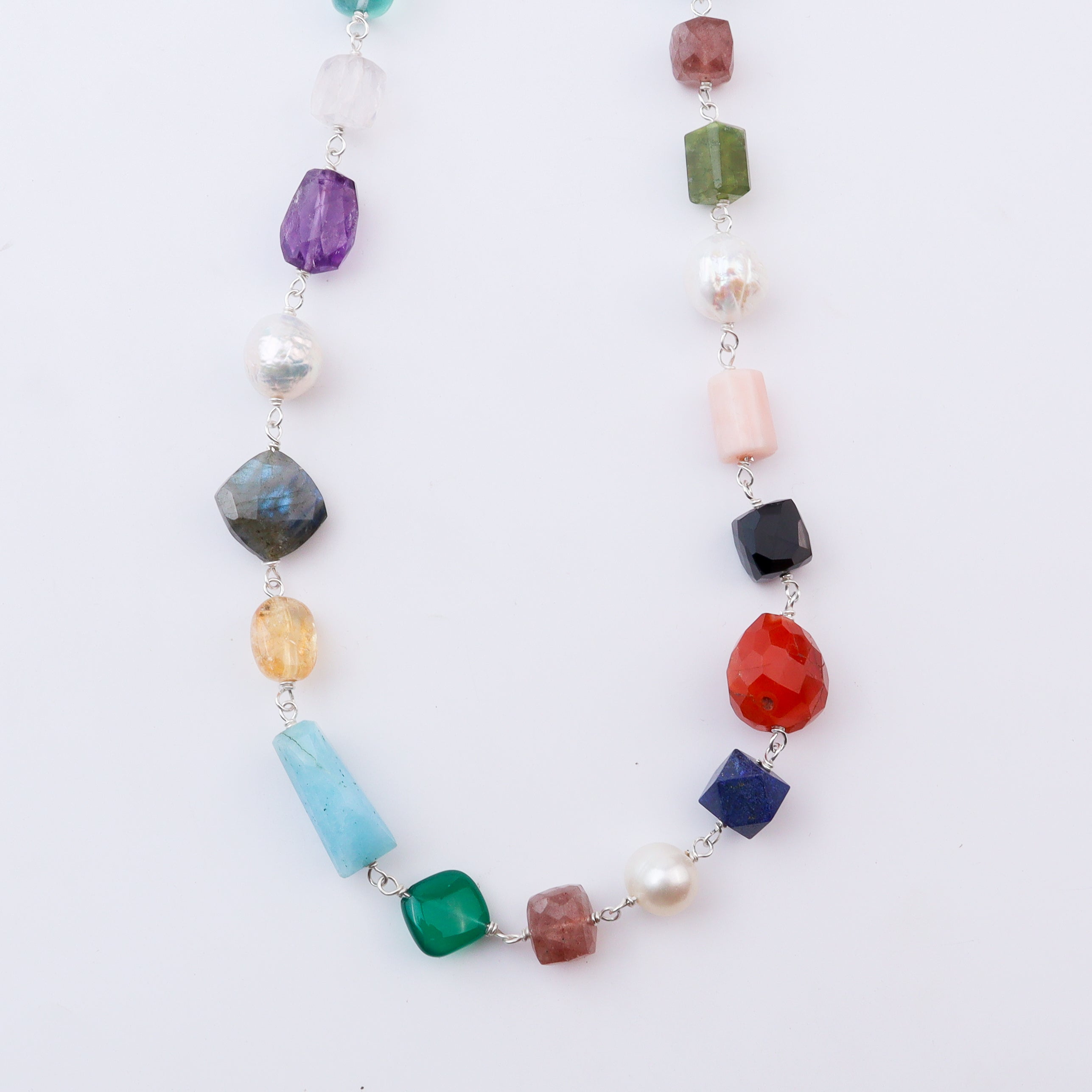 Silver Multicolour Stone Ganthan Necklace