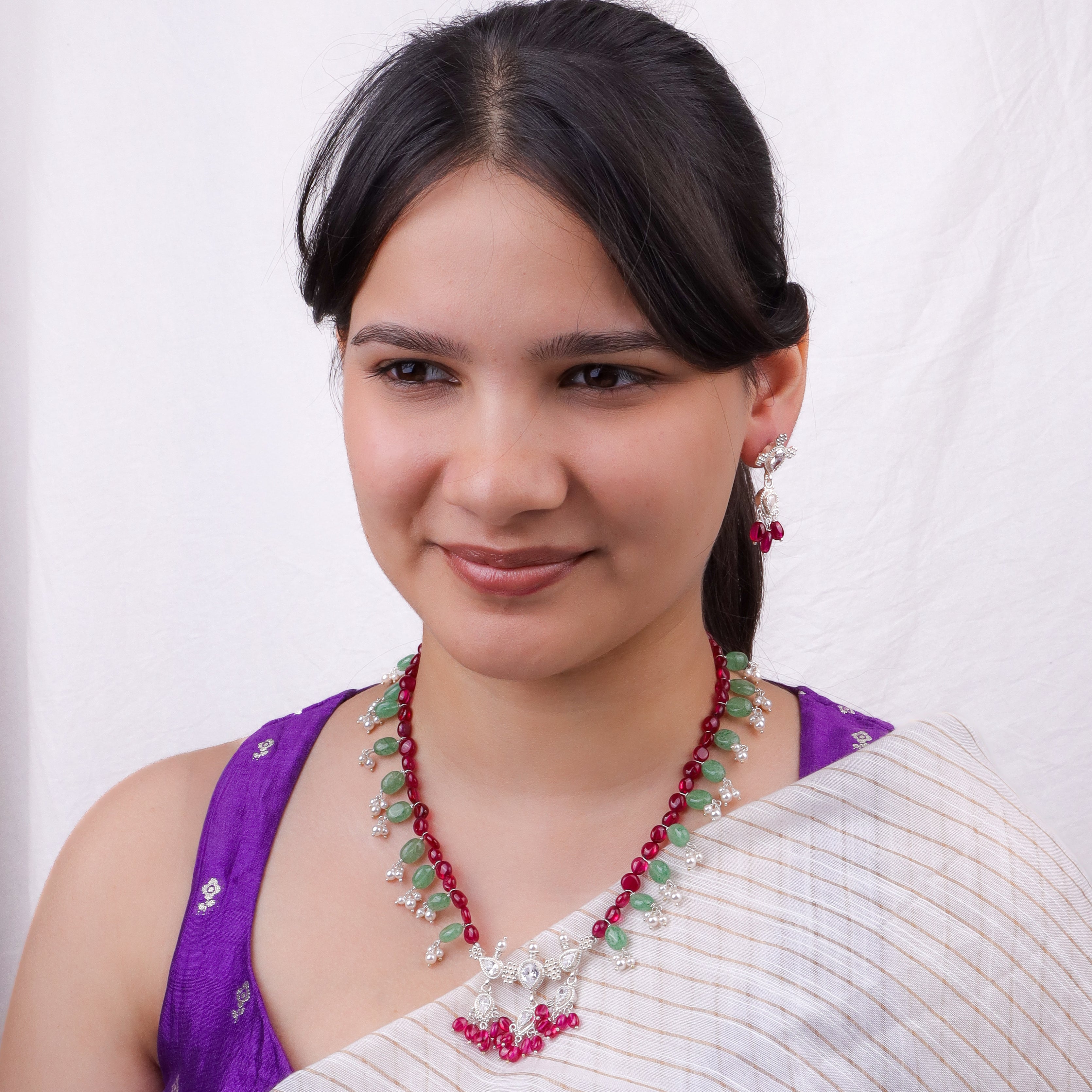 Silver CZ Kudi Tanmani Set with Rubies & Russian Quartz