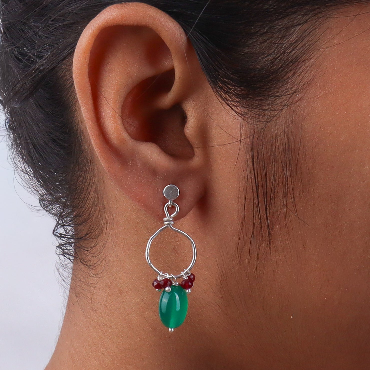Green Onyx & Garnet Silver Earrings (Project Handmade)