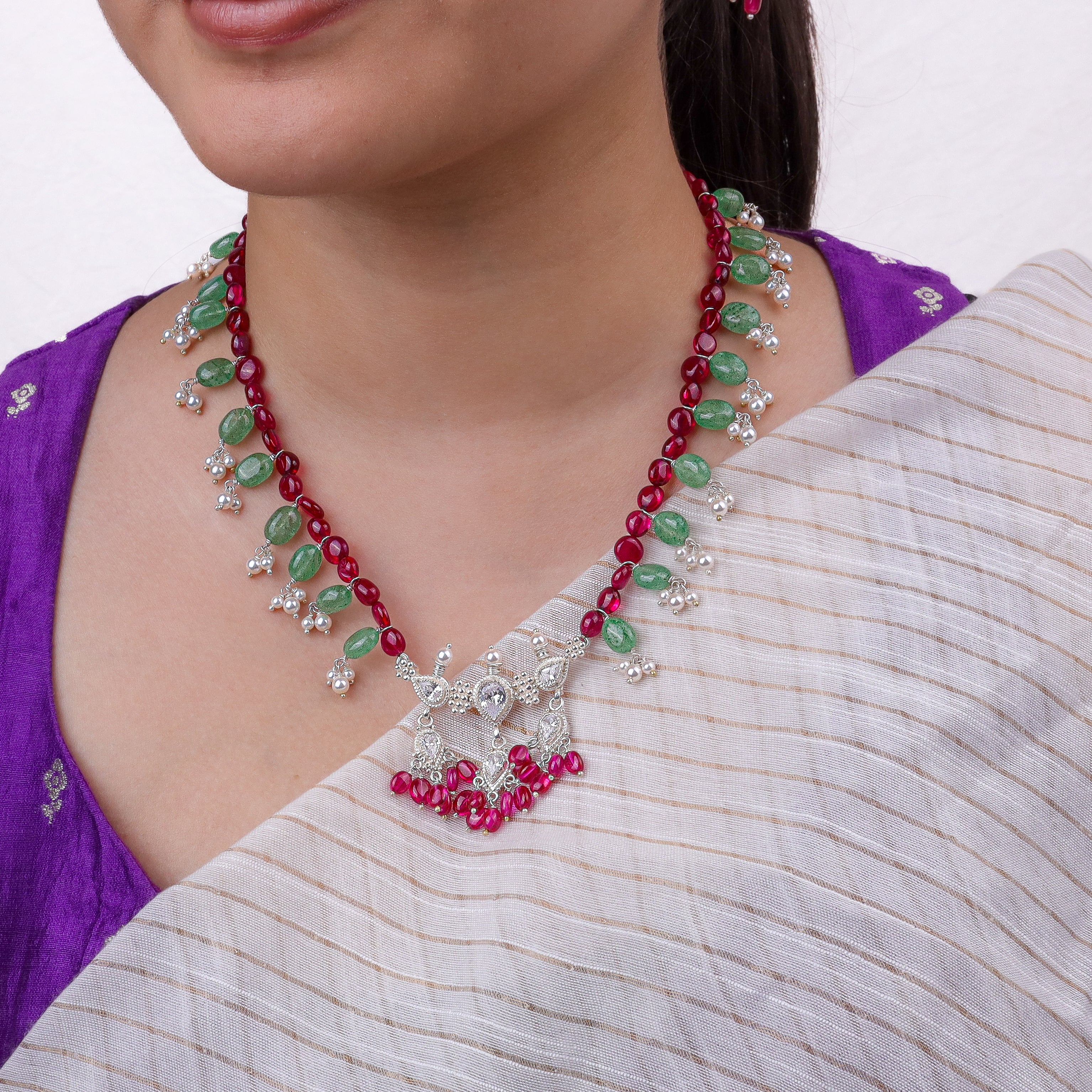 Silver CZ Kudi Tanmani Set with Rubies & Russian Quartz