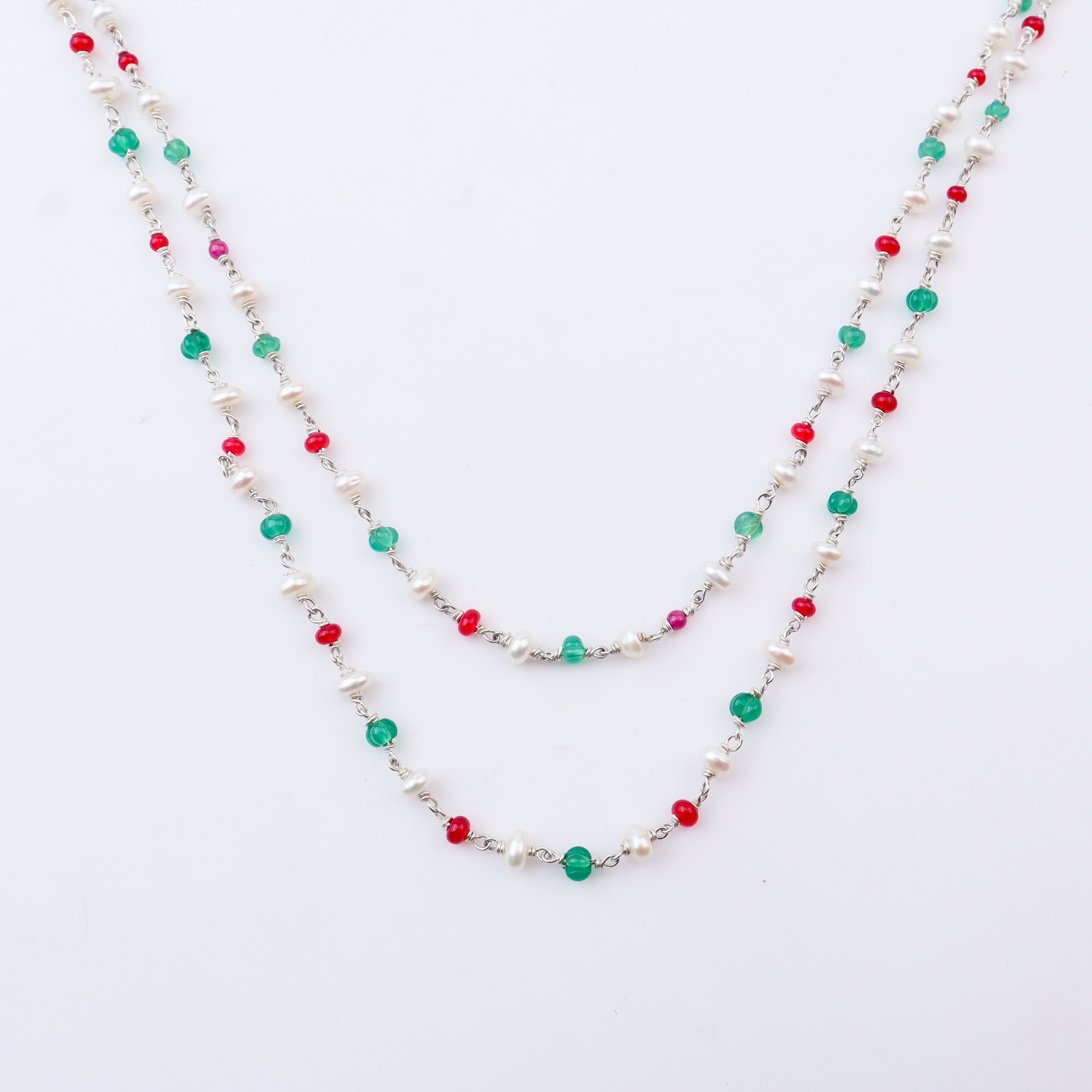 Colorful beaded necklace with pearls, red, green, and pink beads for jewelry accessories