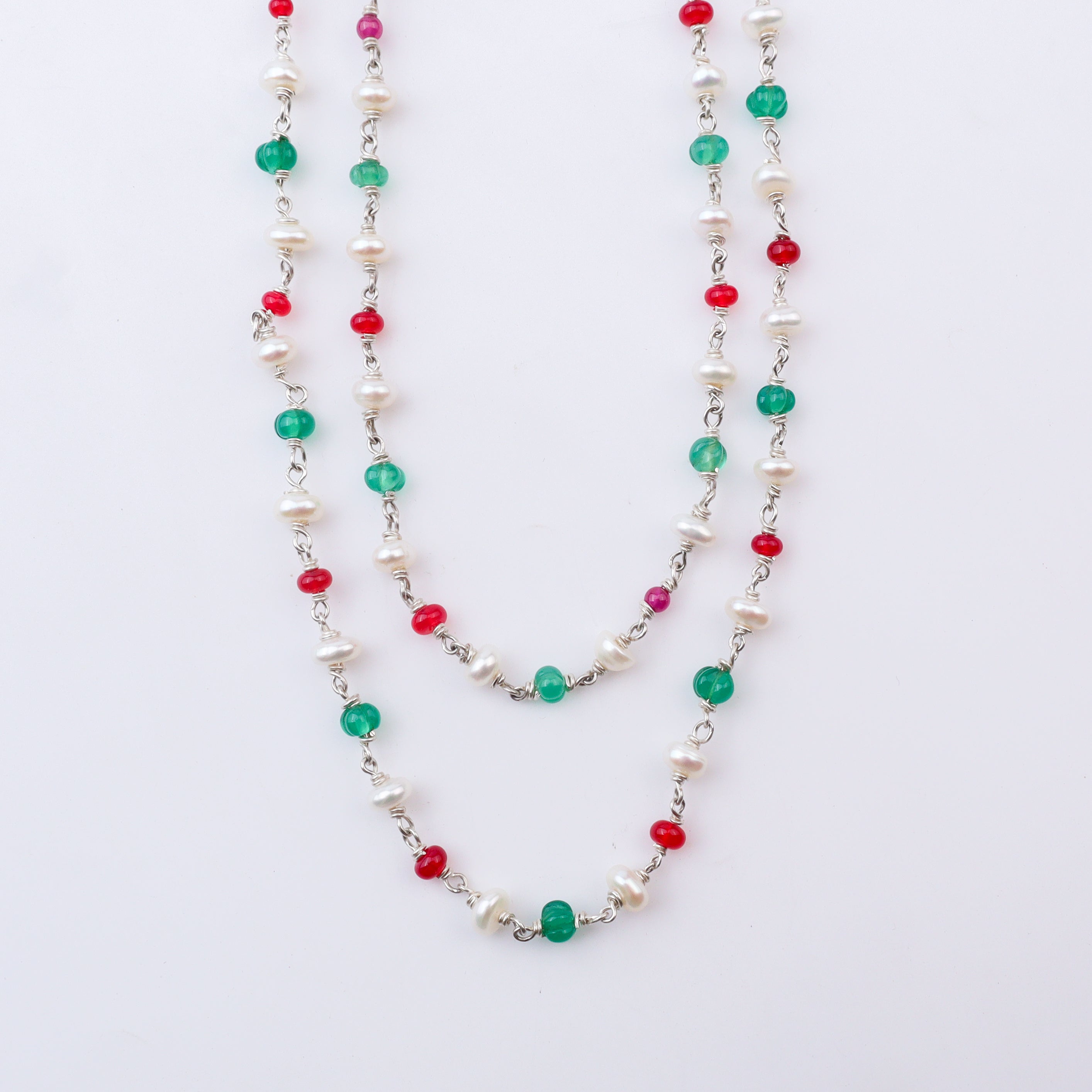 Close-up of multicolored pearl and gemstone necklace for jewelry collection