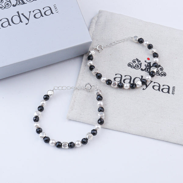 Ashtapailu Silver Baby Bracelet with Black Spinel & Pearls