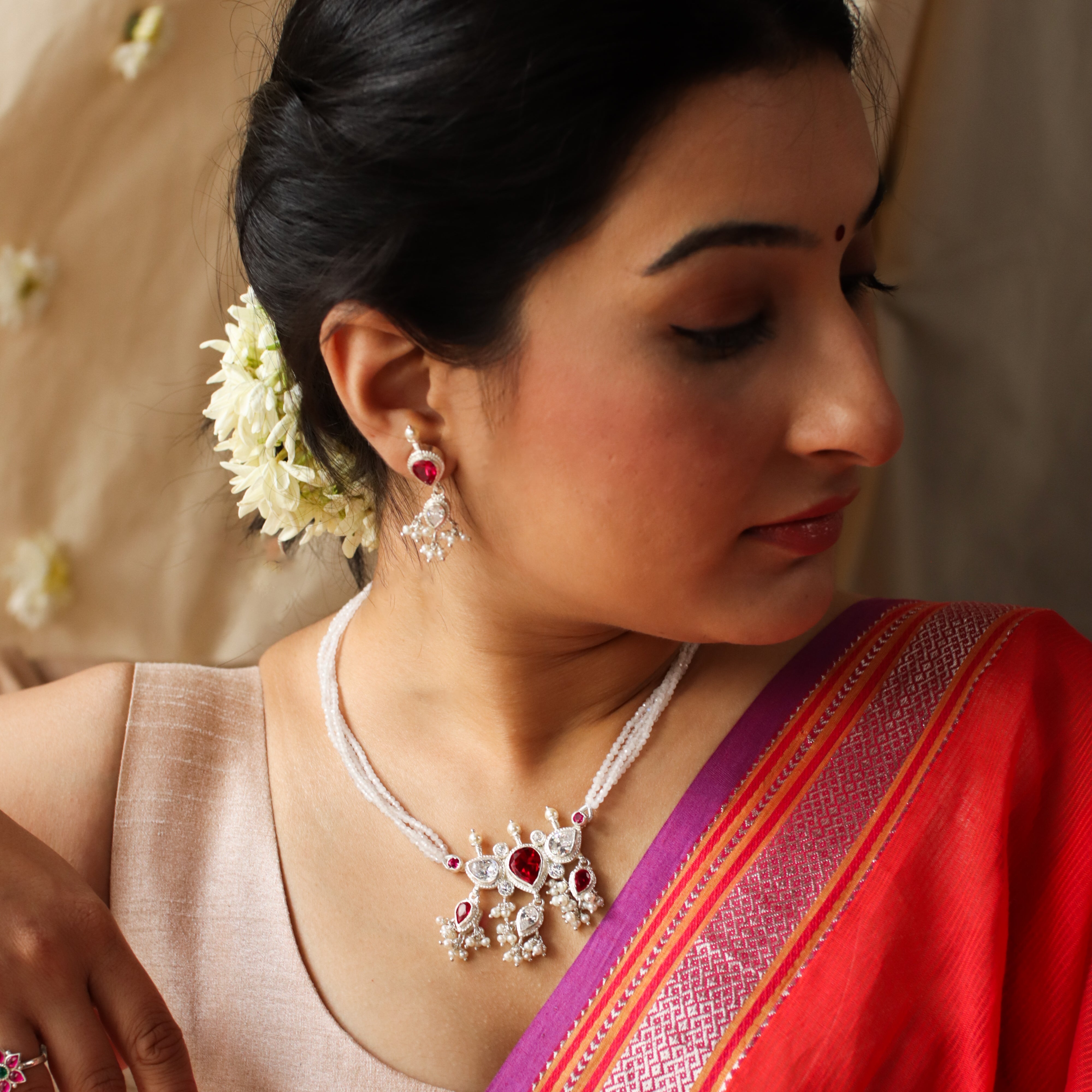 Pink & White Tanmani Set with Moonstones