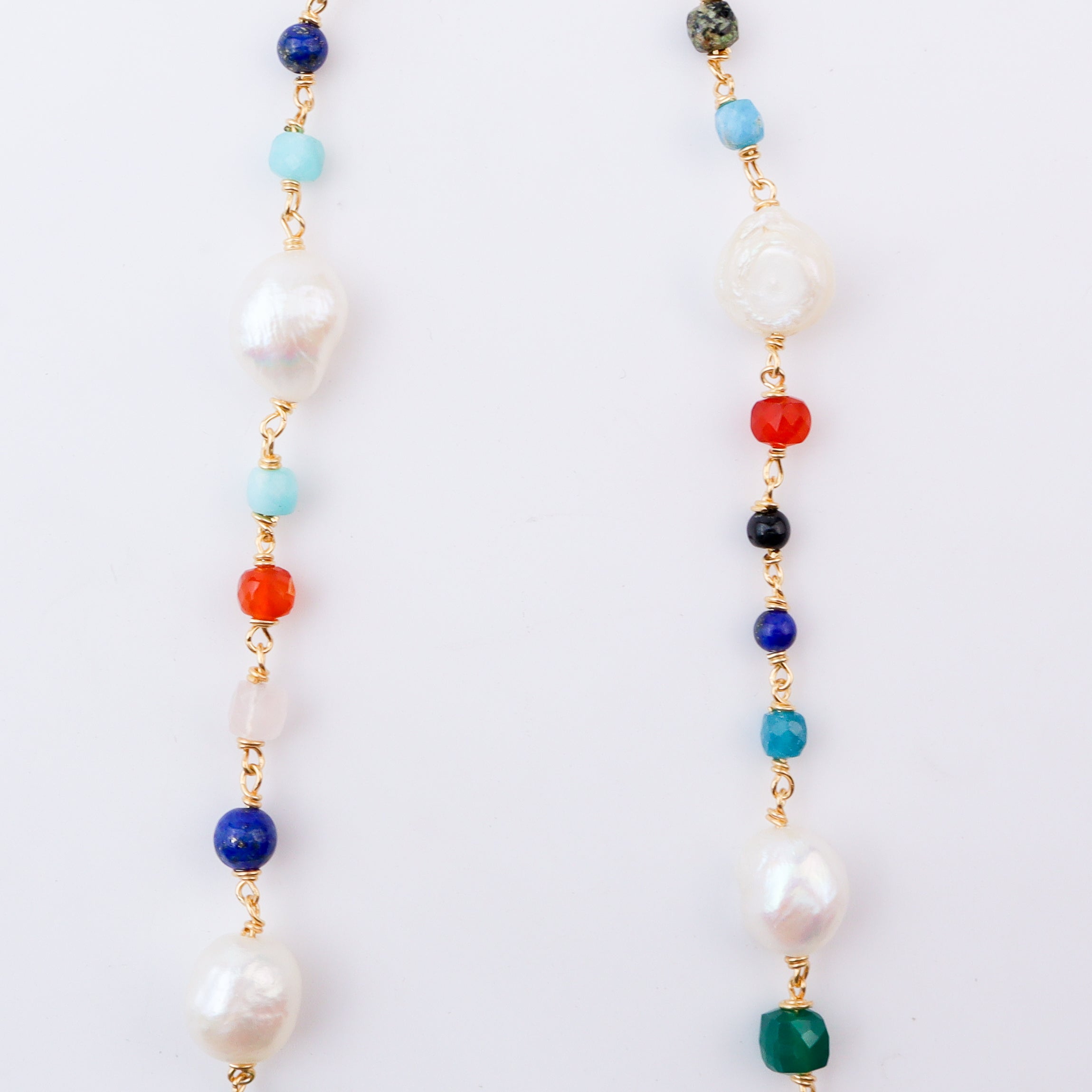 Gold chain necklace with pearls and multicolour beads