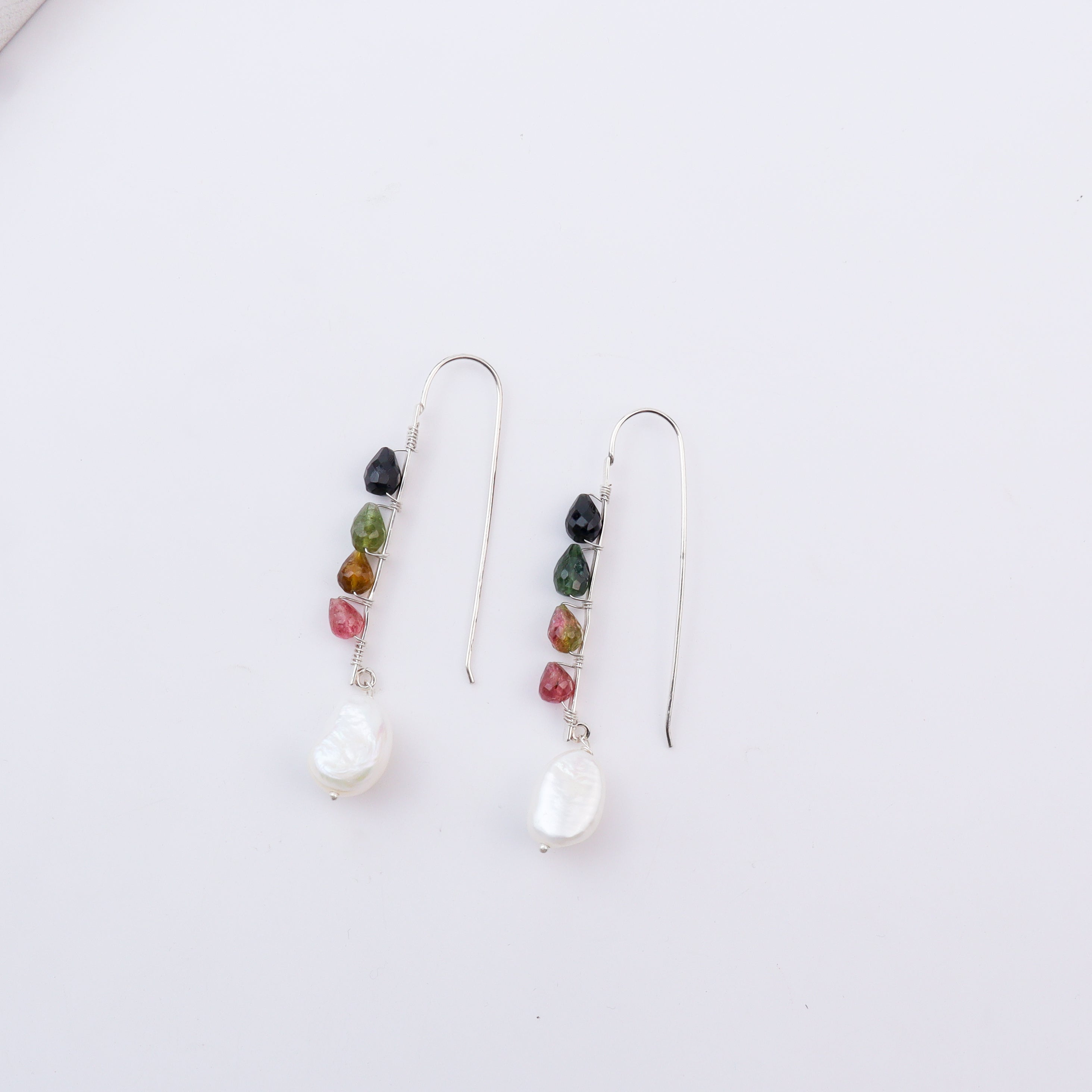 Silver multicolour stone earrings with pearl drop