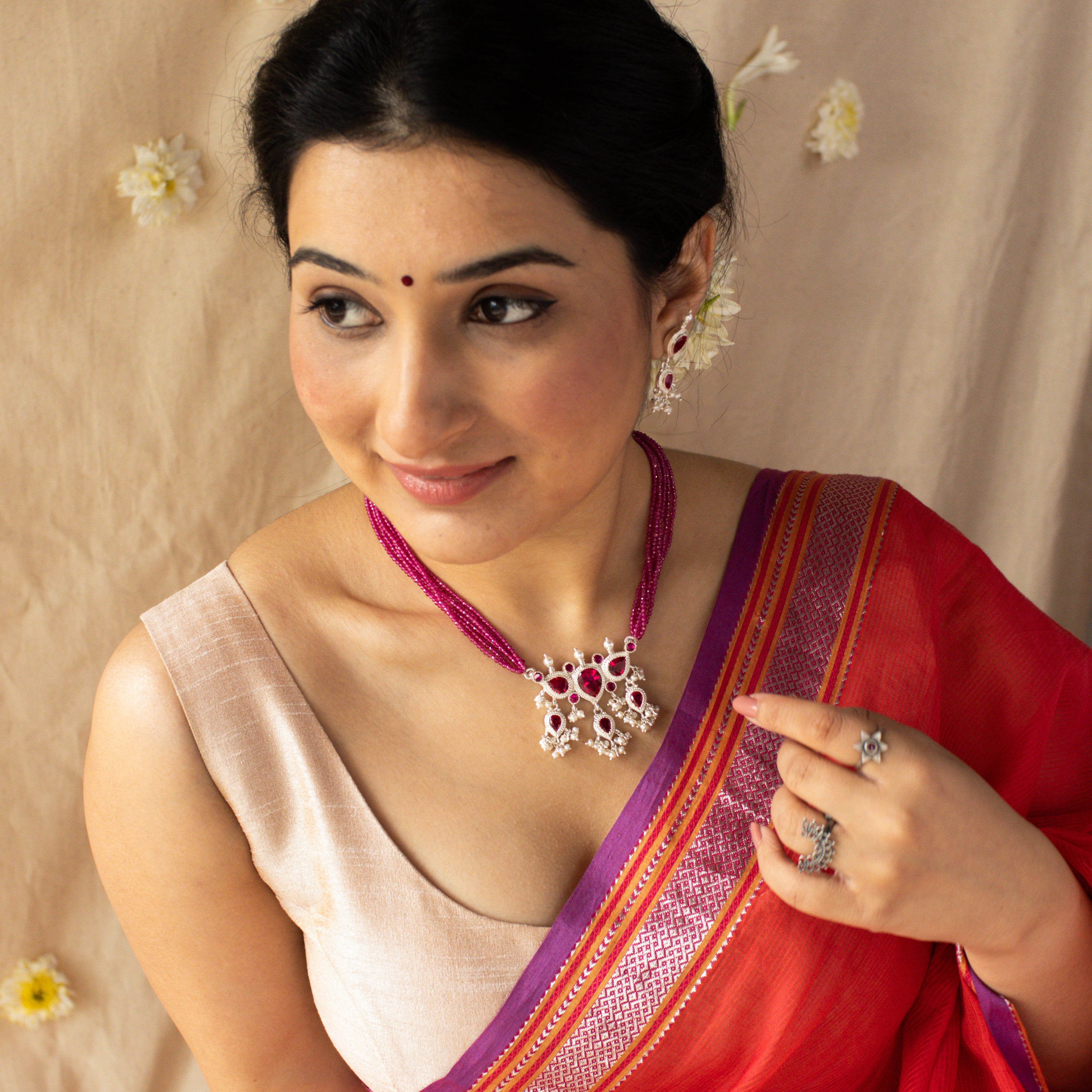 Pink CZ Tanmani Set with Lab Ruby Stones