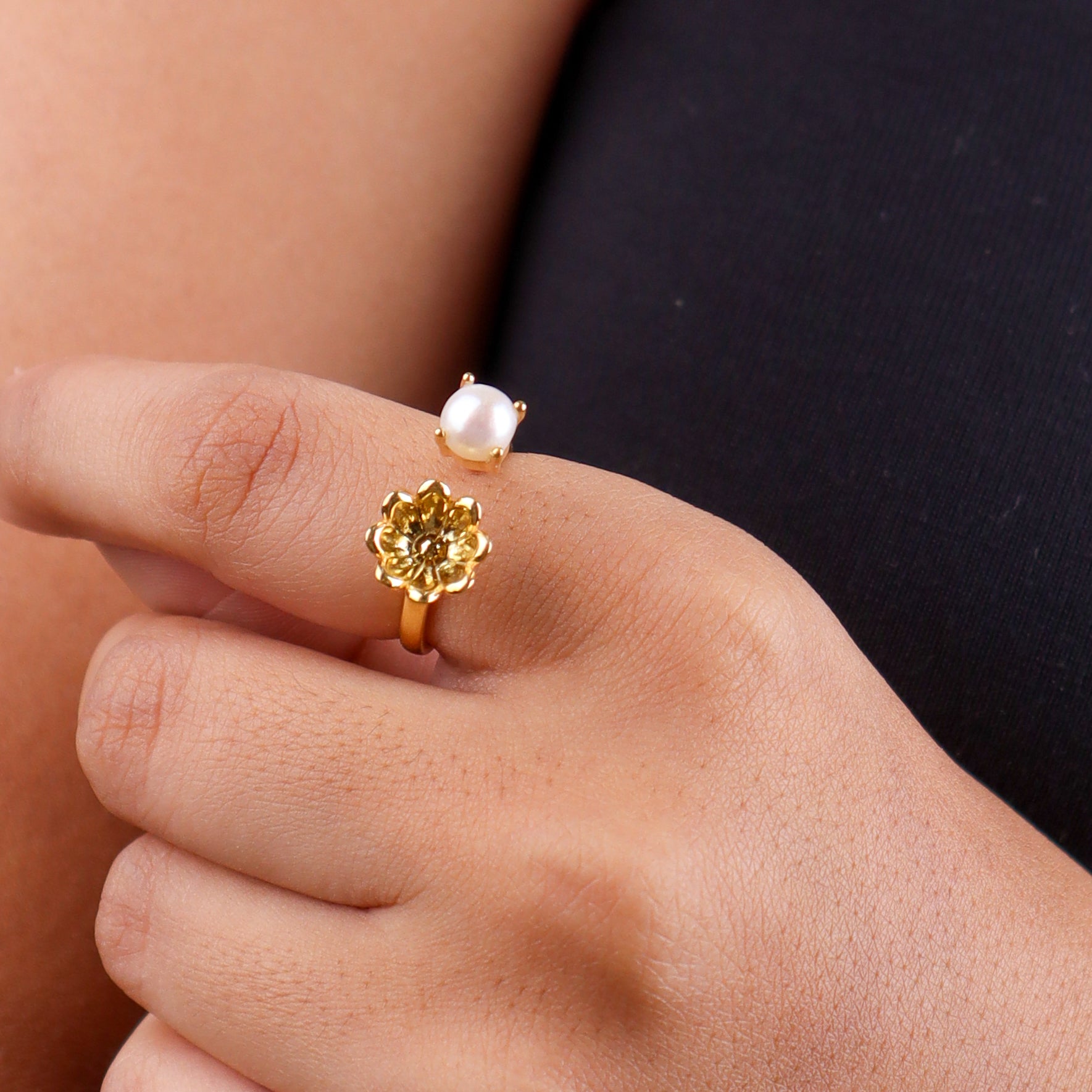 Silver Pearl Flower Ring | 22K Gold-Plated