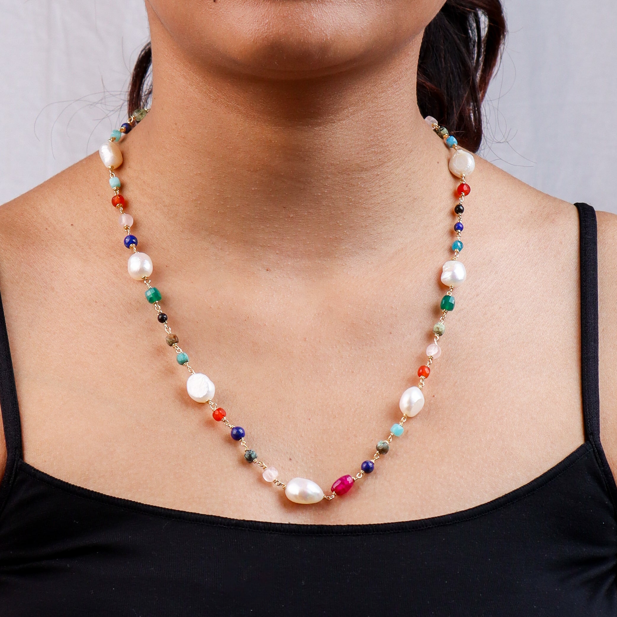 Colorful beaded necklace with pearls and gemstones