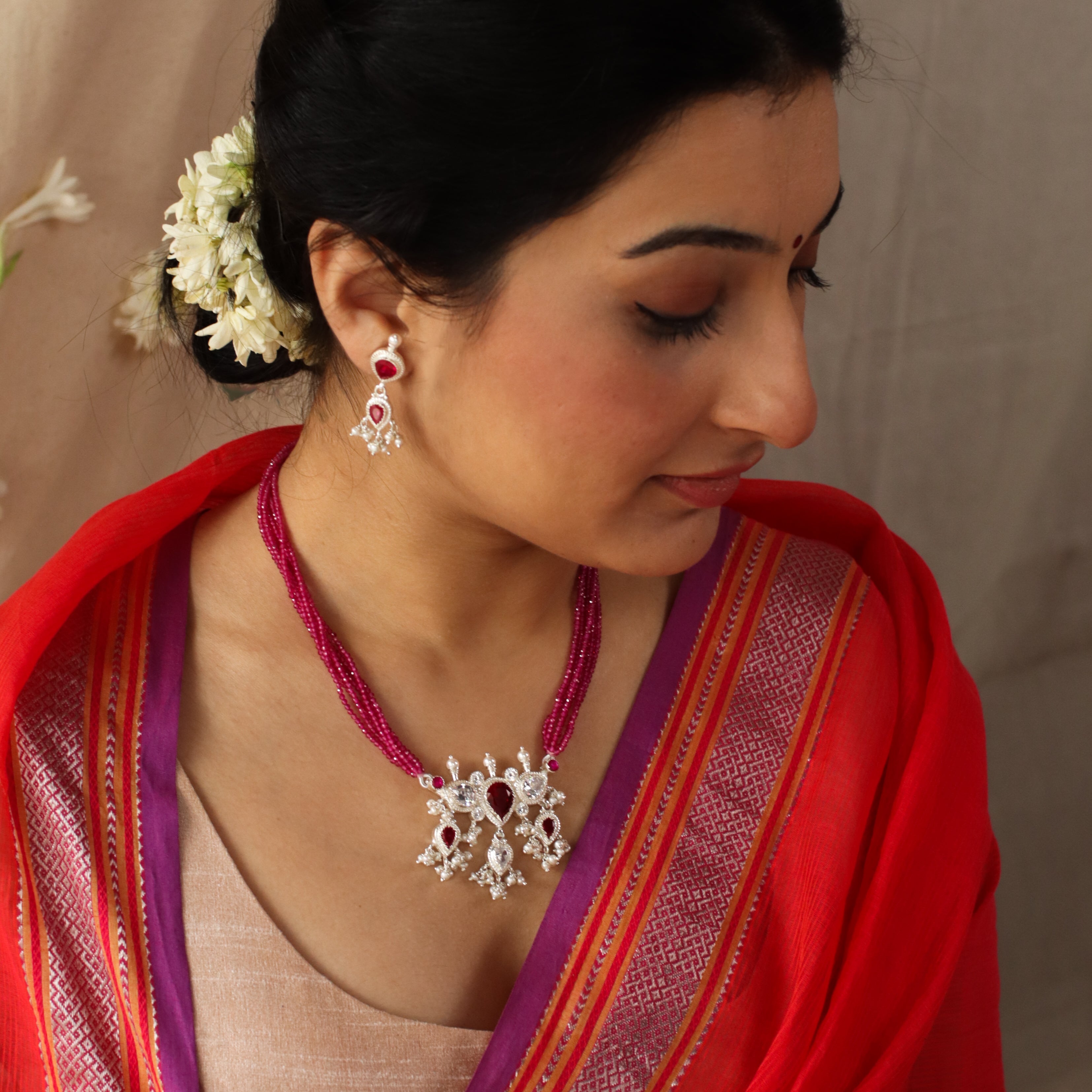 Pink & White Tanmani Set with Lab-Made Ruby Stones