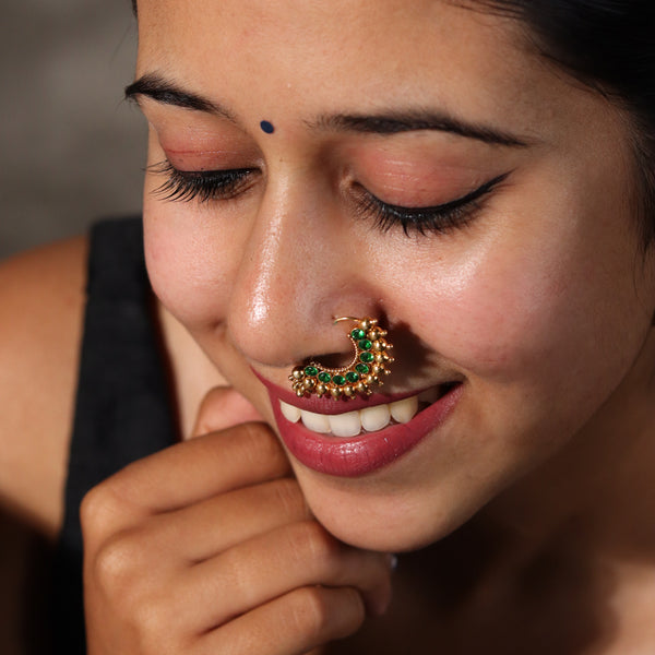 Karwar Nath : Green  (Left, Pierced) |  92.5 Silver | 22K Gold Plated