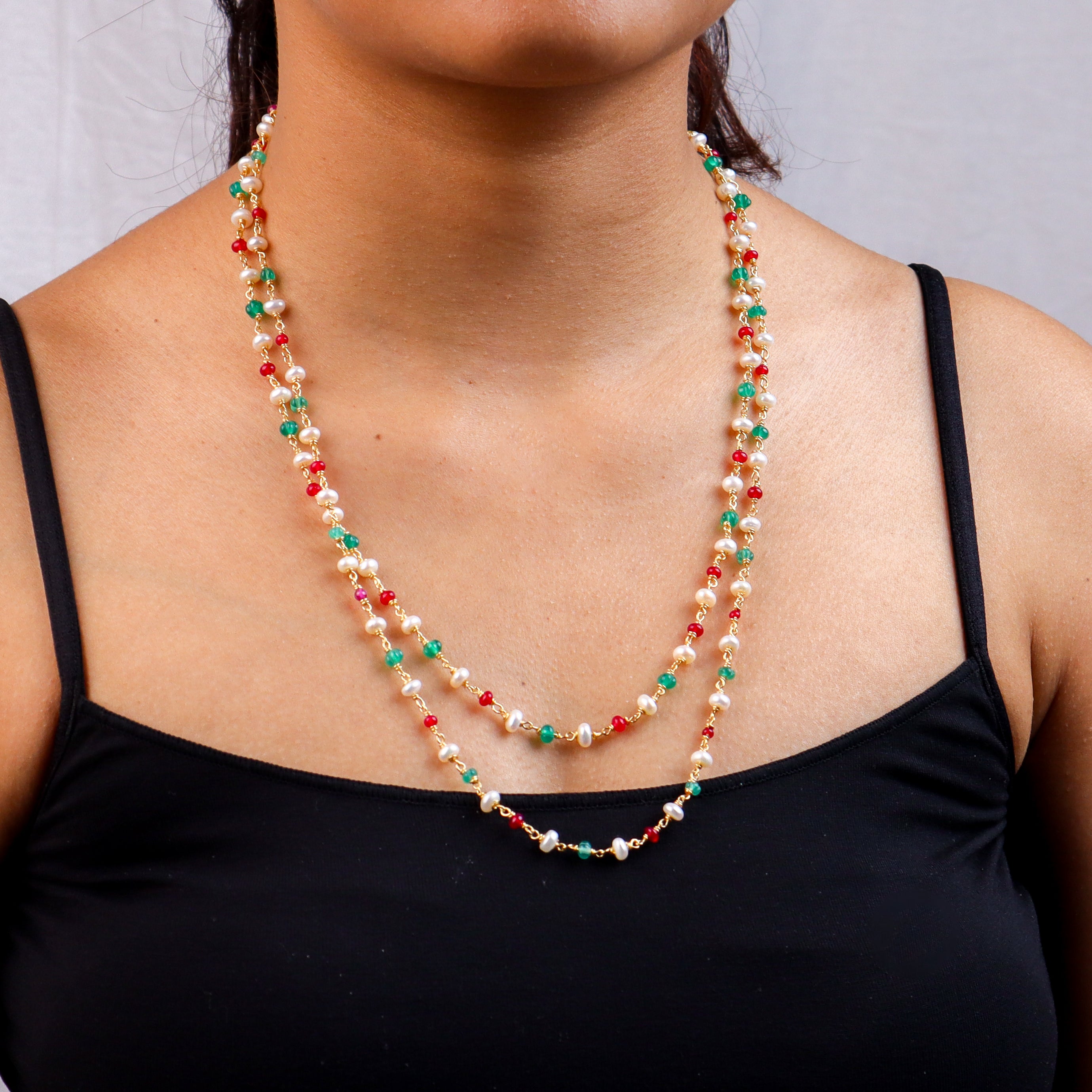 Double Layered Ganthan Necklace with Rubies, Green Onyx and Freshwater Pearls | 22K Gold-Plated