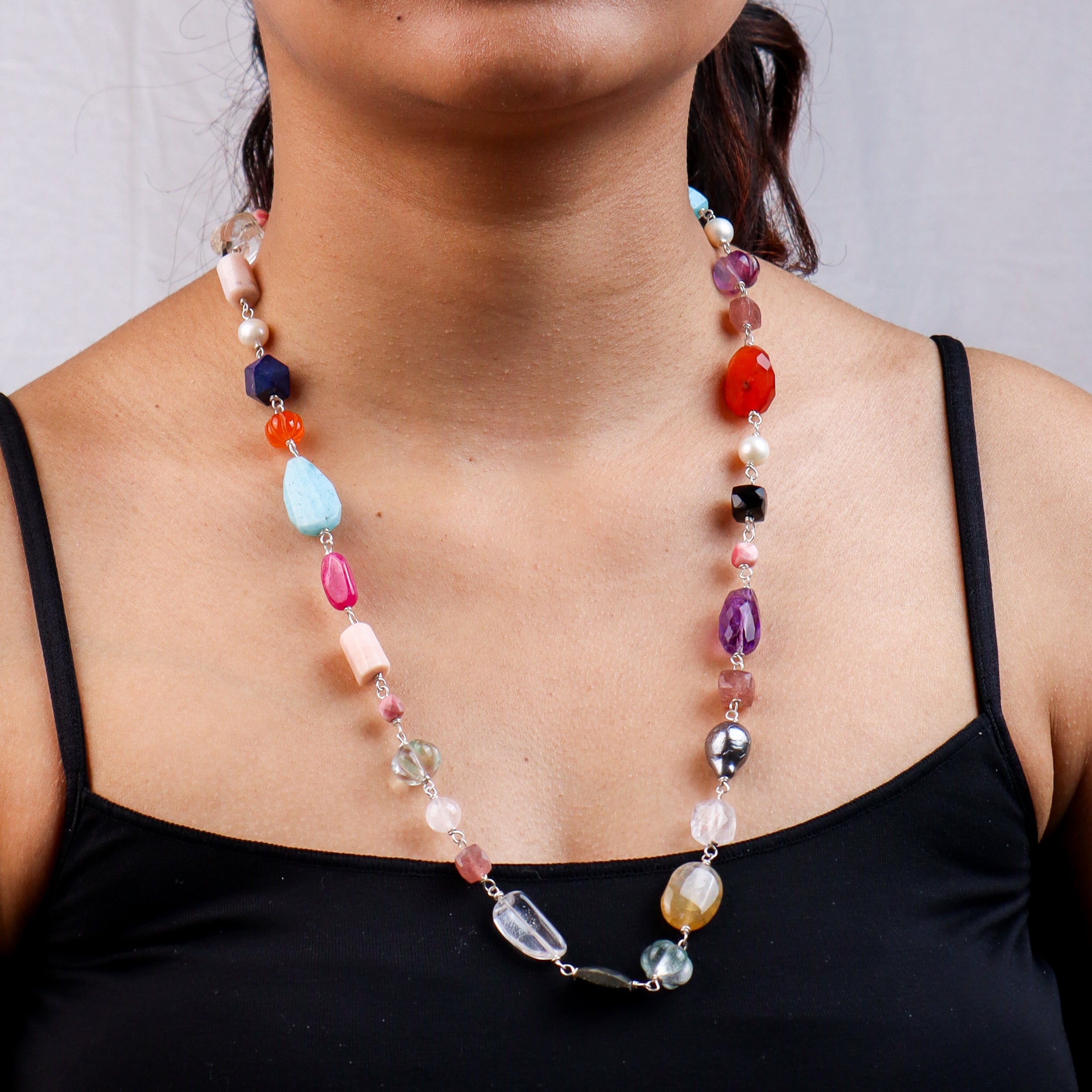 Silver Multicolour Stone Ganthan Necklace