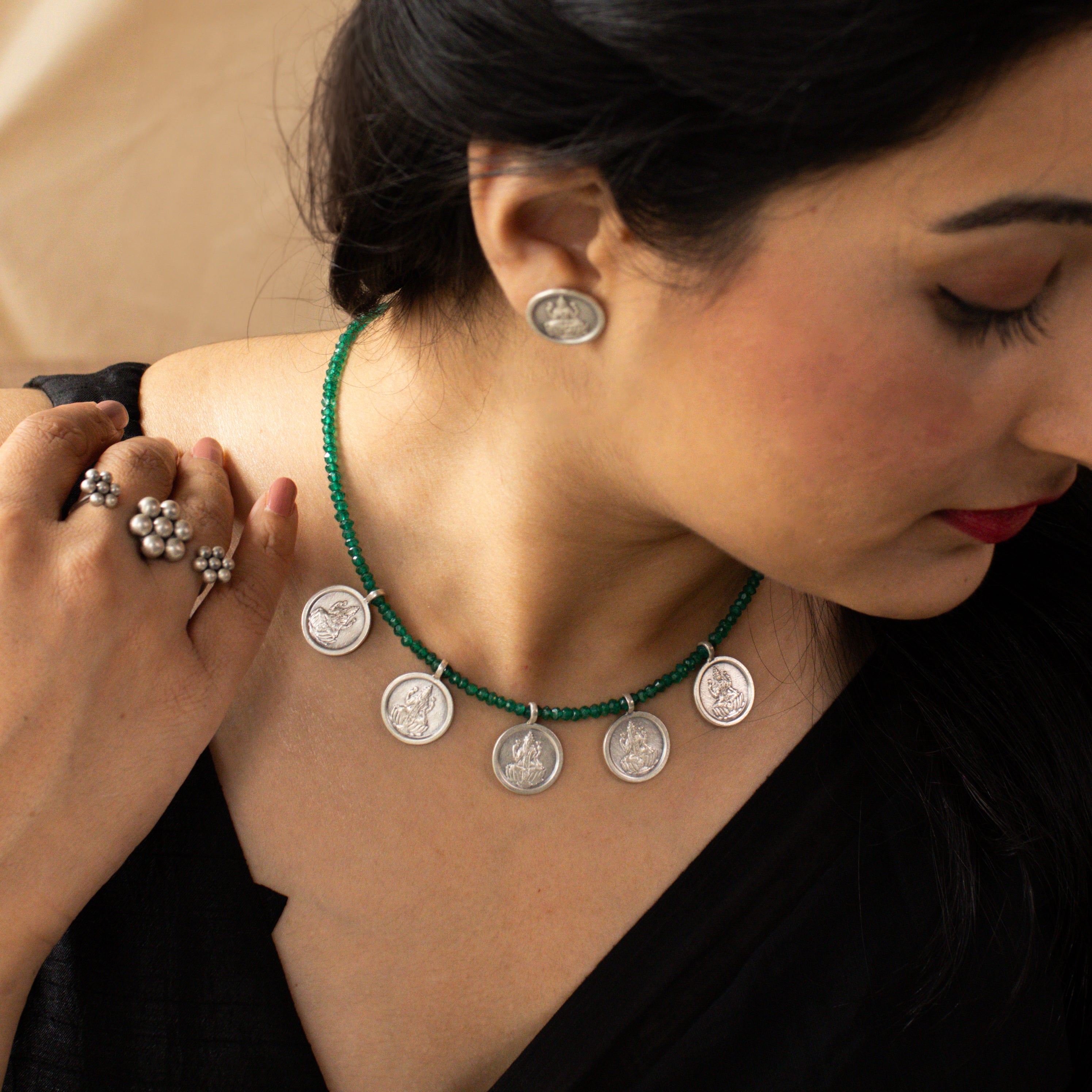 Green Onyx Silver Putali Haar Set
