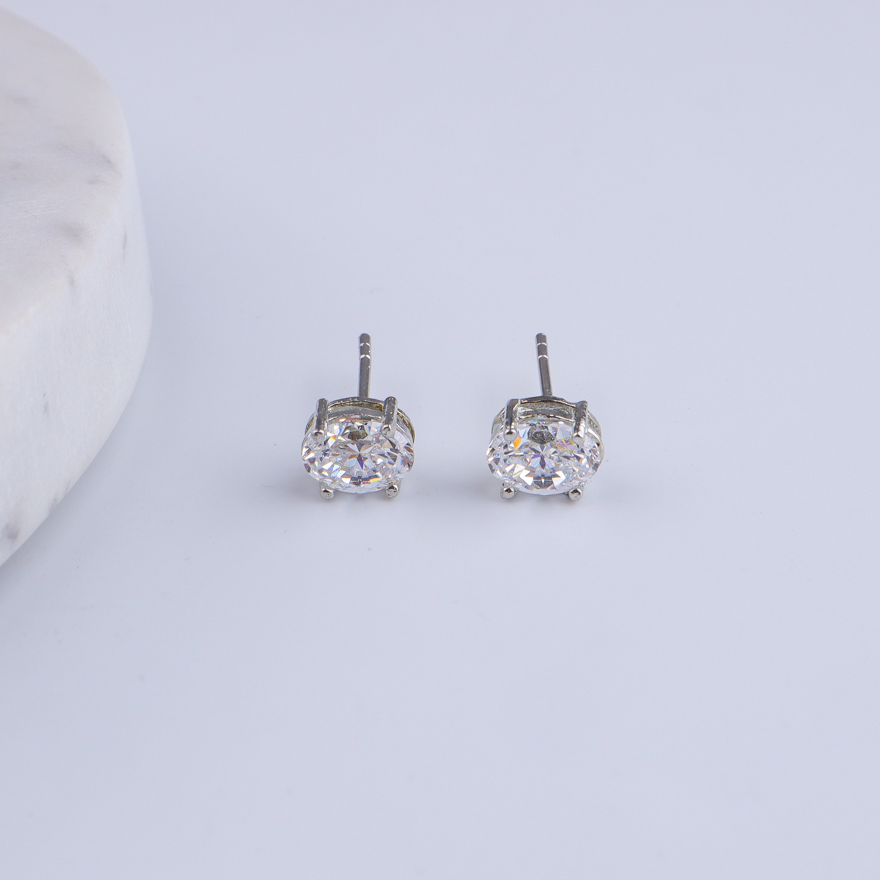 Silver CZ Oval Stud Earrings