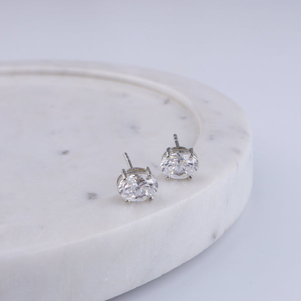 Silver CZ Oval Stud Earrings