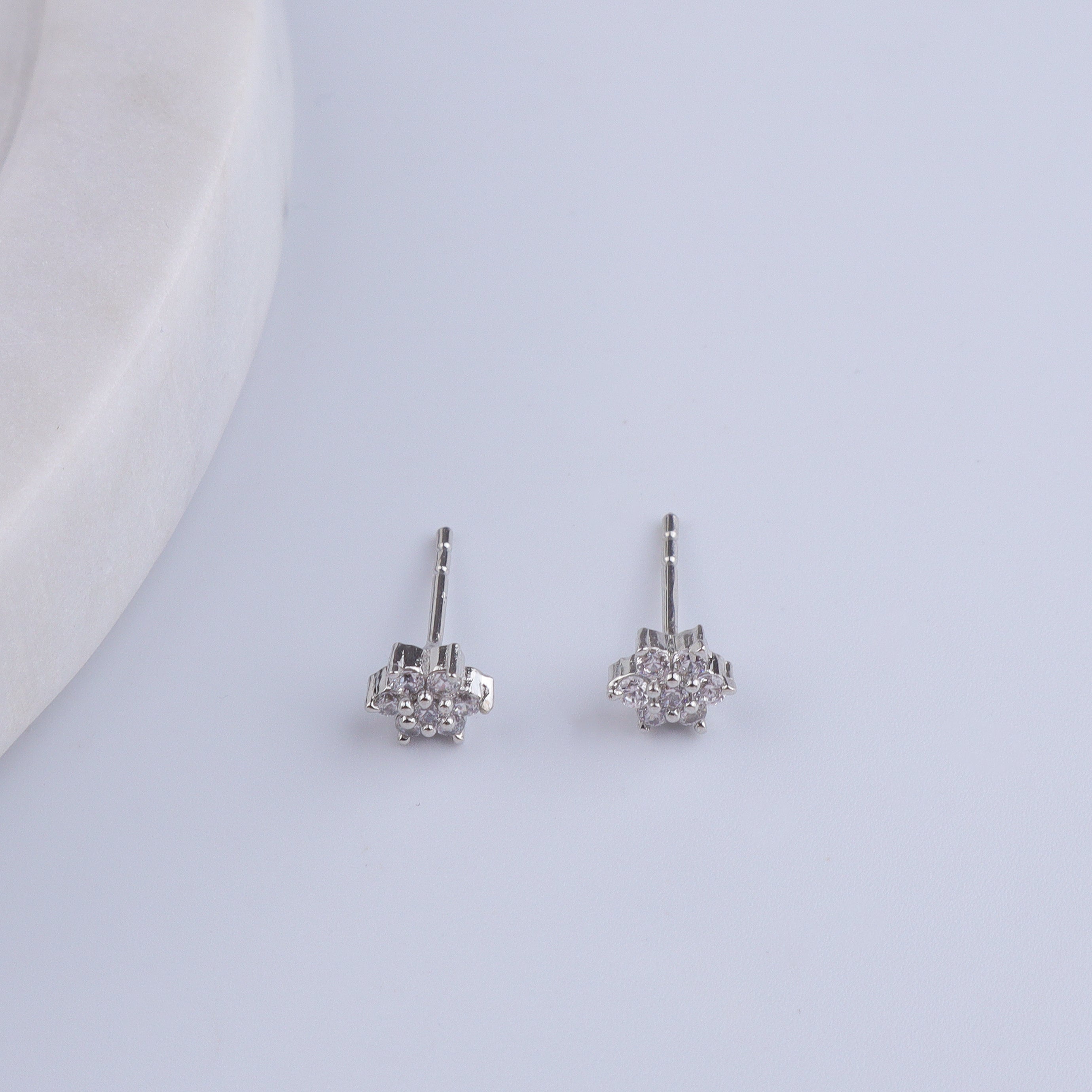 Silver CZ Flower Stud Earrings