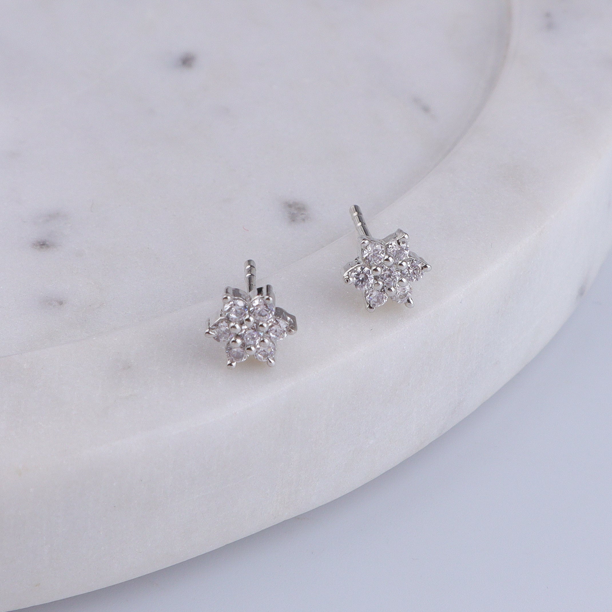 Silver CZ Flower Stud Earrings
