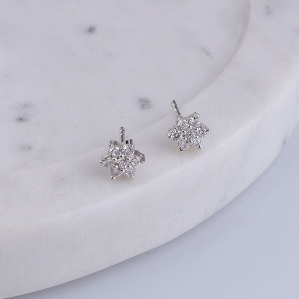 Silver CZ Flower Stud Earrings