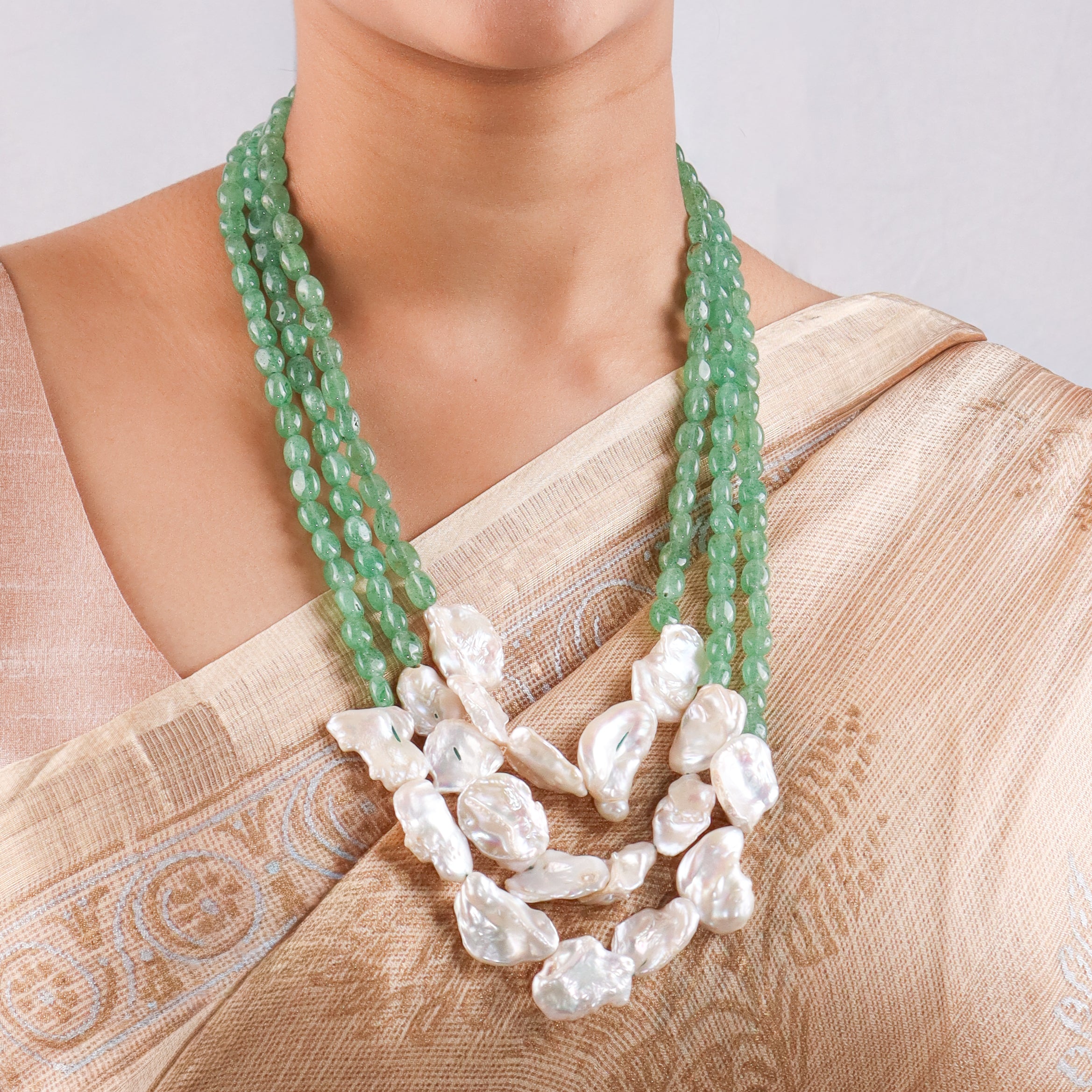 Luxe Neckalce - Russian Green Quartz & Boroque Pearls