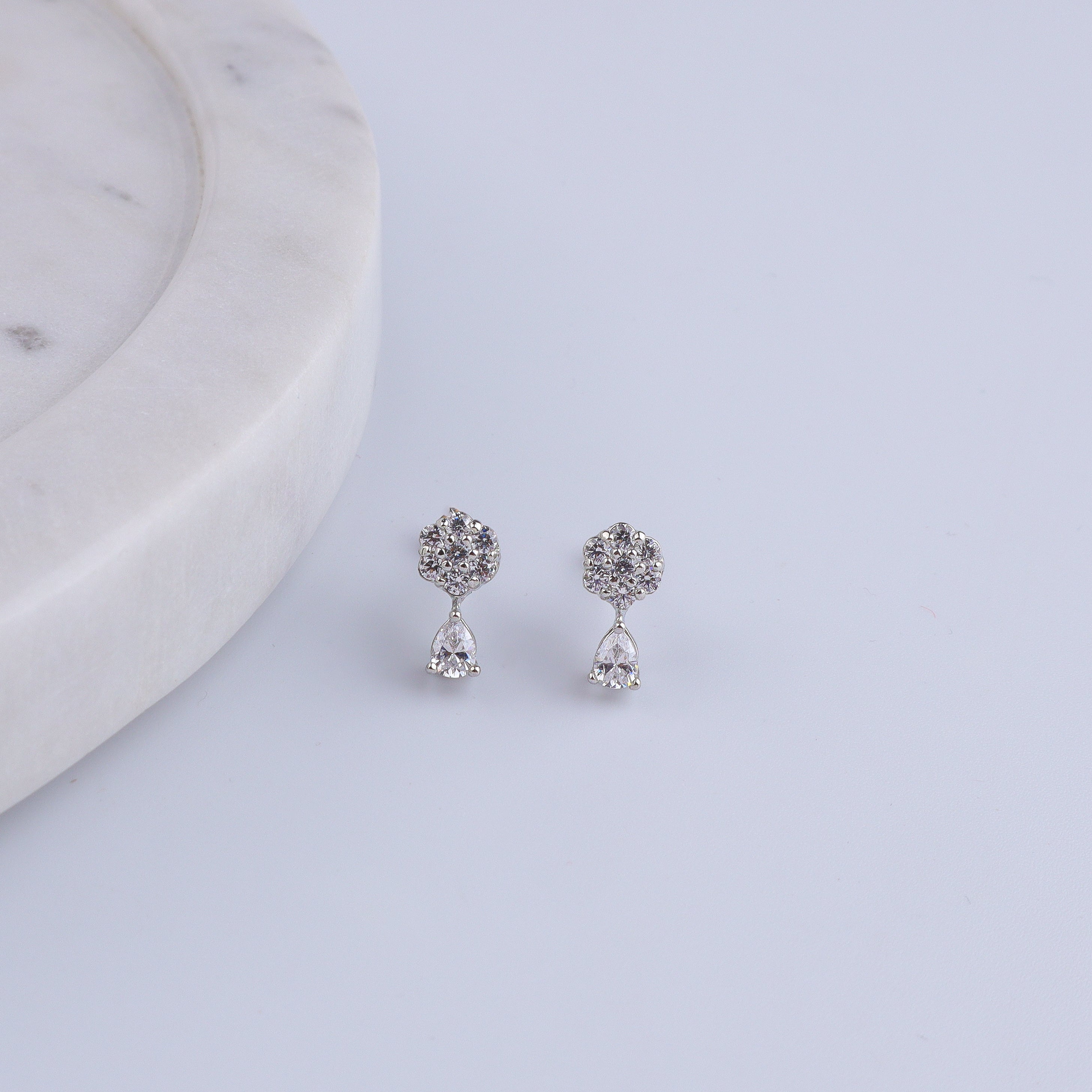 Silver CZ Flower Drop Stud Earrings
