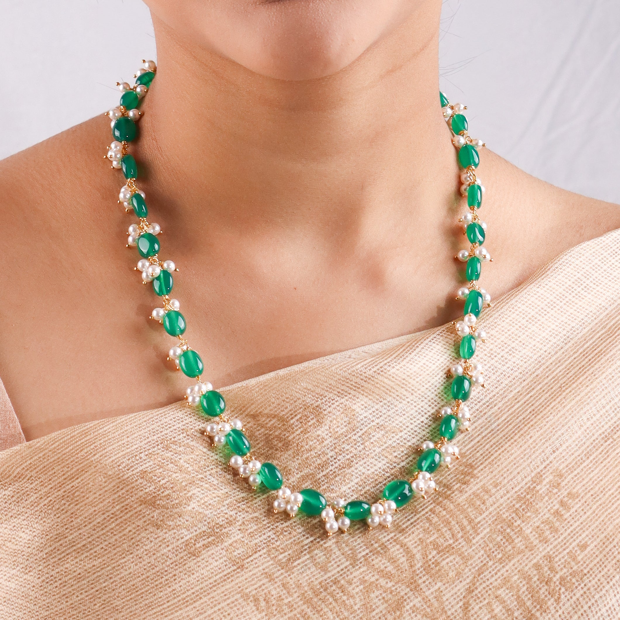 Luxe Necklace - Green Onyx and Pearls | 92.5 Silver | 22k Gold Plated