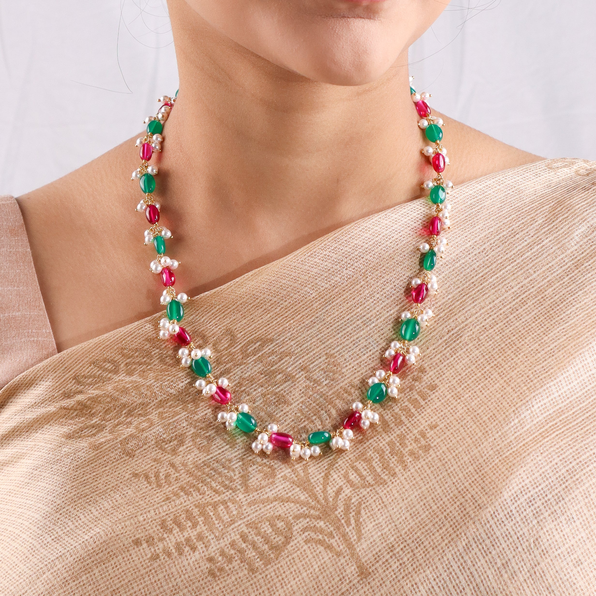 Luxe Necklace - Green Onyx, Rubies and Pearls | 92.5 Silver