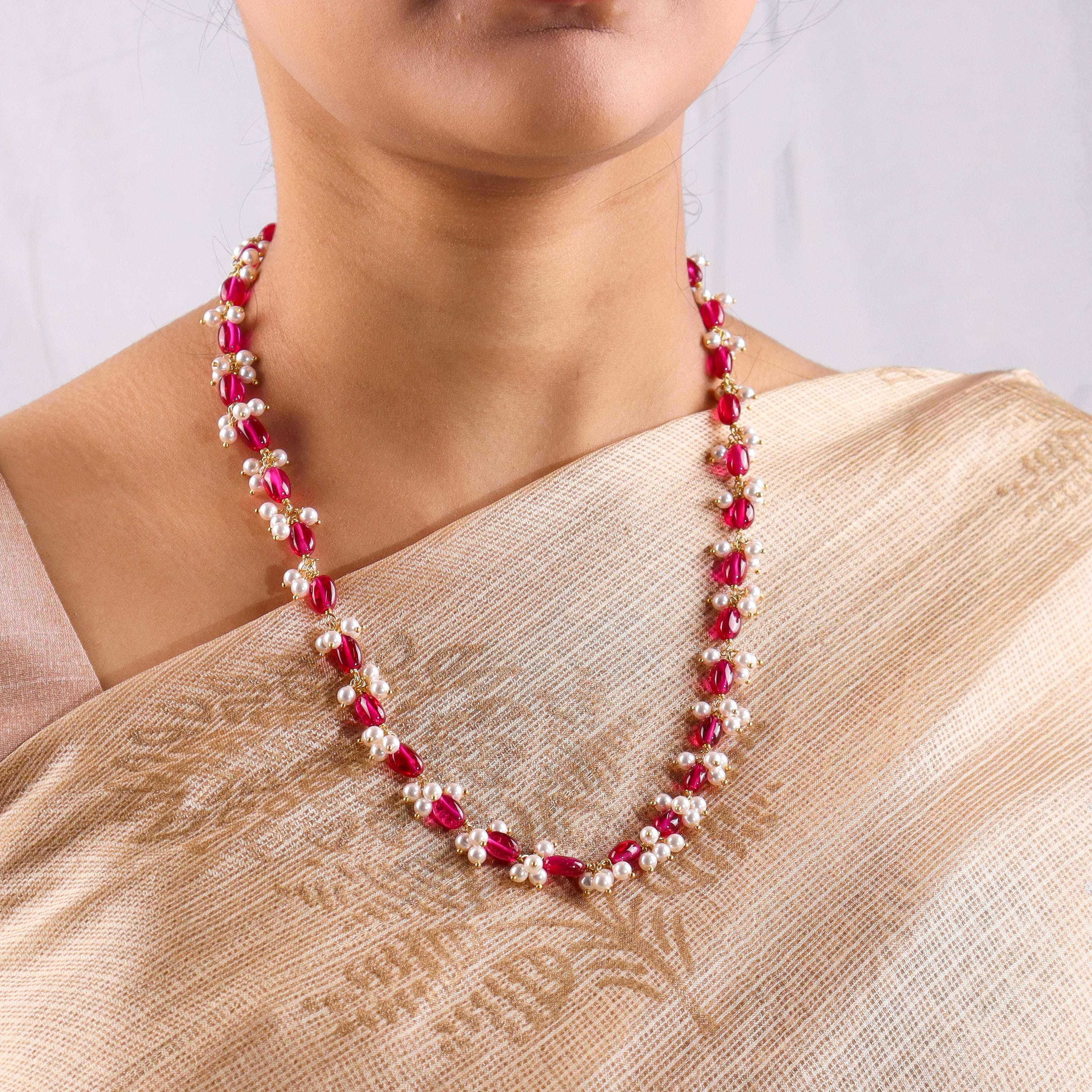 Luxe Necklace - Ruby and Pearls | 92.5 Silver | 22k Gold Plated